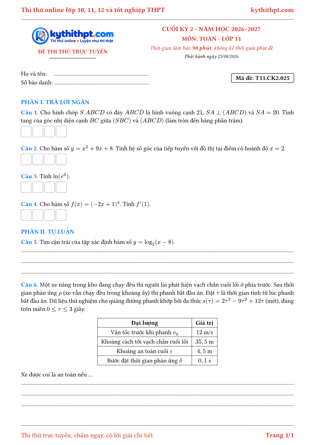 Trang đầu Đề thi thử online cuối kỳ 2 môn Toán lớp 11 - trả lời ngắn + tự luận - đề 025