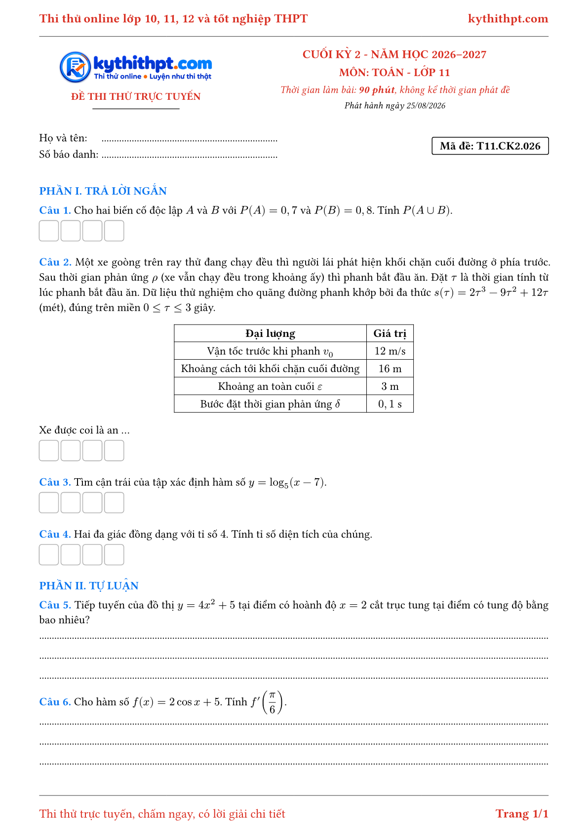 Trang đầu Đề thi thử online cuối kỳ 2 môn Toán lớp 11 - trả lời ngắn + tự luận - đề 026