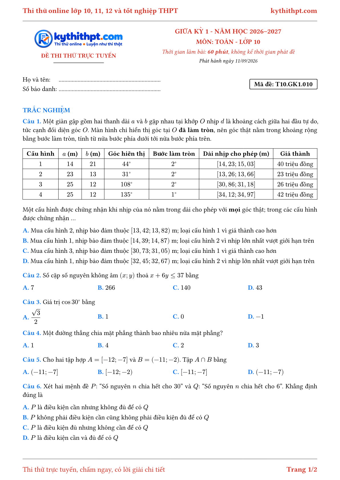 Trang đầu Đề thi thử online giữa kỳ 1 môn Toán lớp 10 - full trắc nghiệm - đề 010