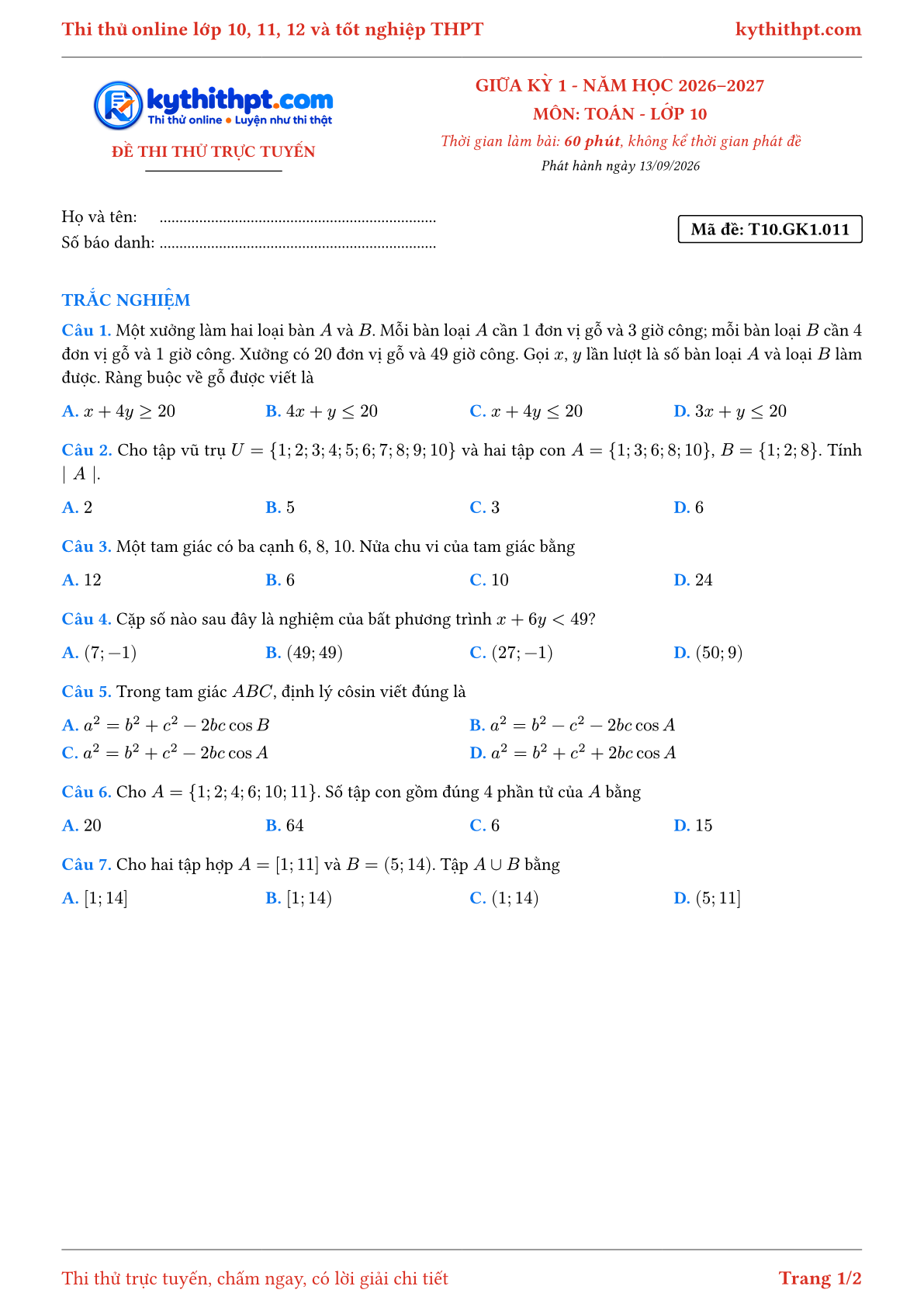 Trang đầu Đề thi thử online giữa kỳ 1 môn Toán lớp 10 - full trắc nghiệm - đề 011