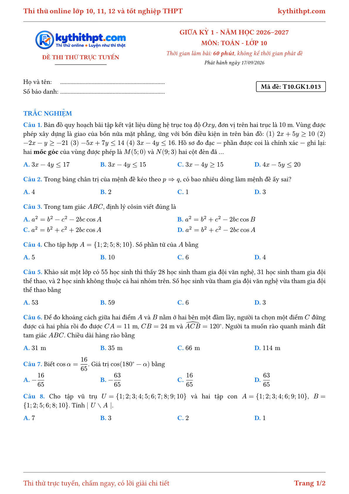 Trang đầu Đề thi thử online giữa kỳ 1 môn Toán lớp 10 - full trắc nghiệm - đề 013
