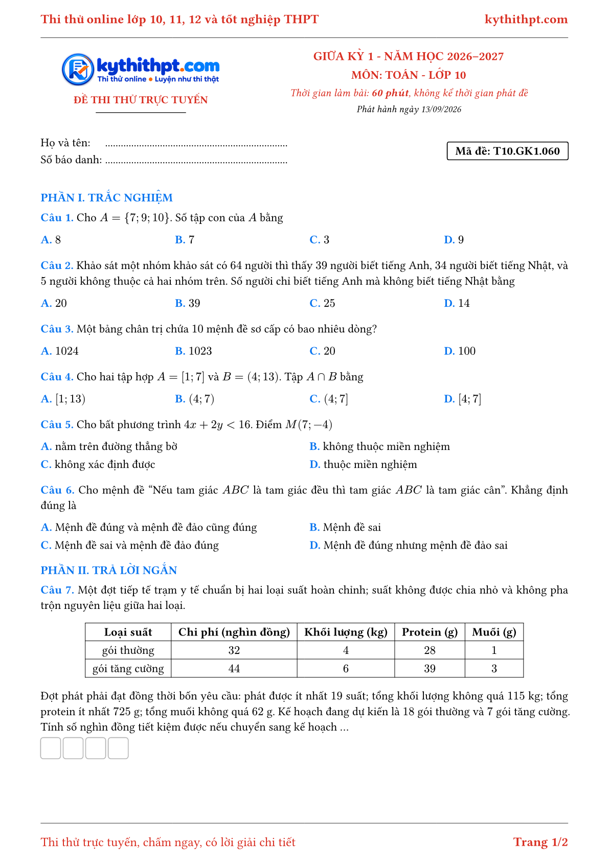Trang đầu Đề thi thử online giữa kỳ 1 môn Toán lớp 10 - trắc nghiệm + trả lời ngắn - đề 060