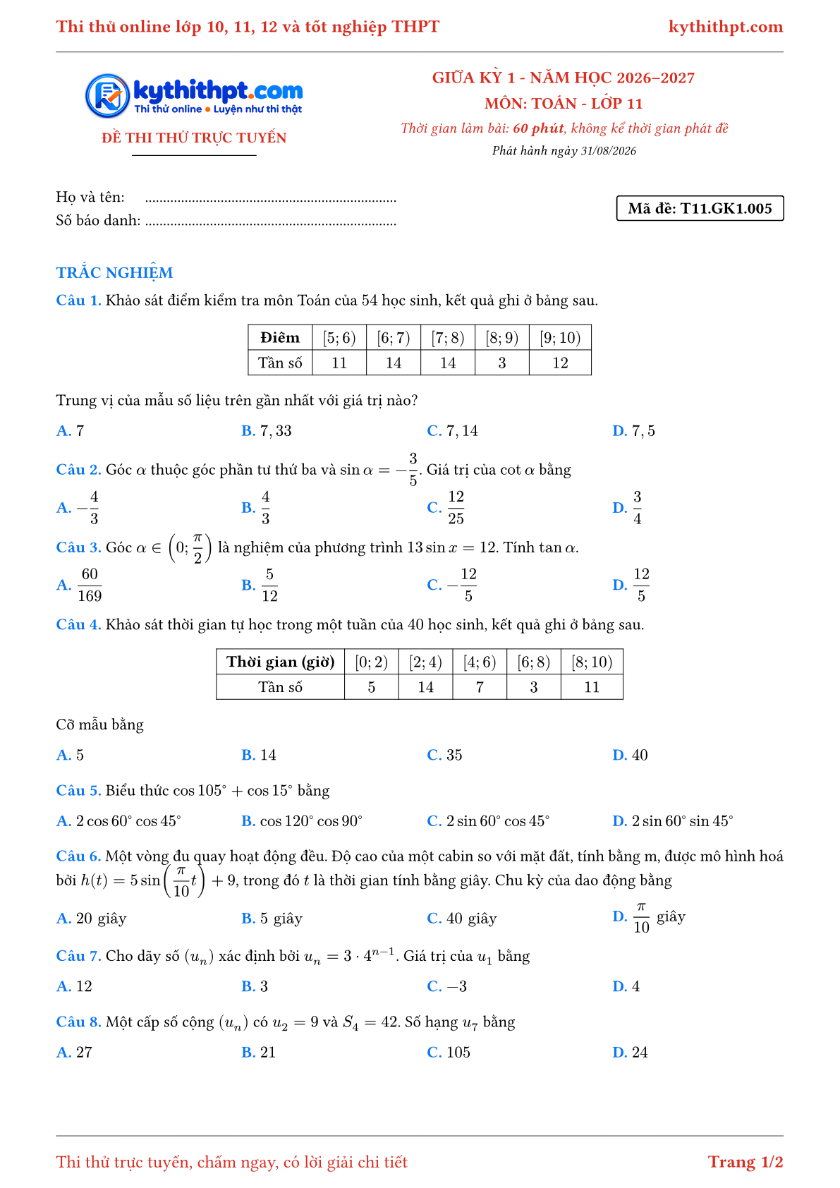 Trang đầu Đề thi thử online giữa kỳ 1 môn Toán lớp 11 - full trắc nghiệm - đề 005