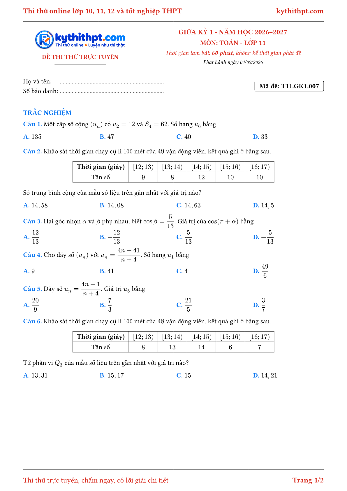 Trang đầu Đề thi thử online giữa kỳ 1 môn Toán lớp 11 - full trắc nghiệm - đề 007