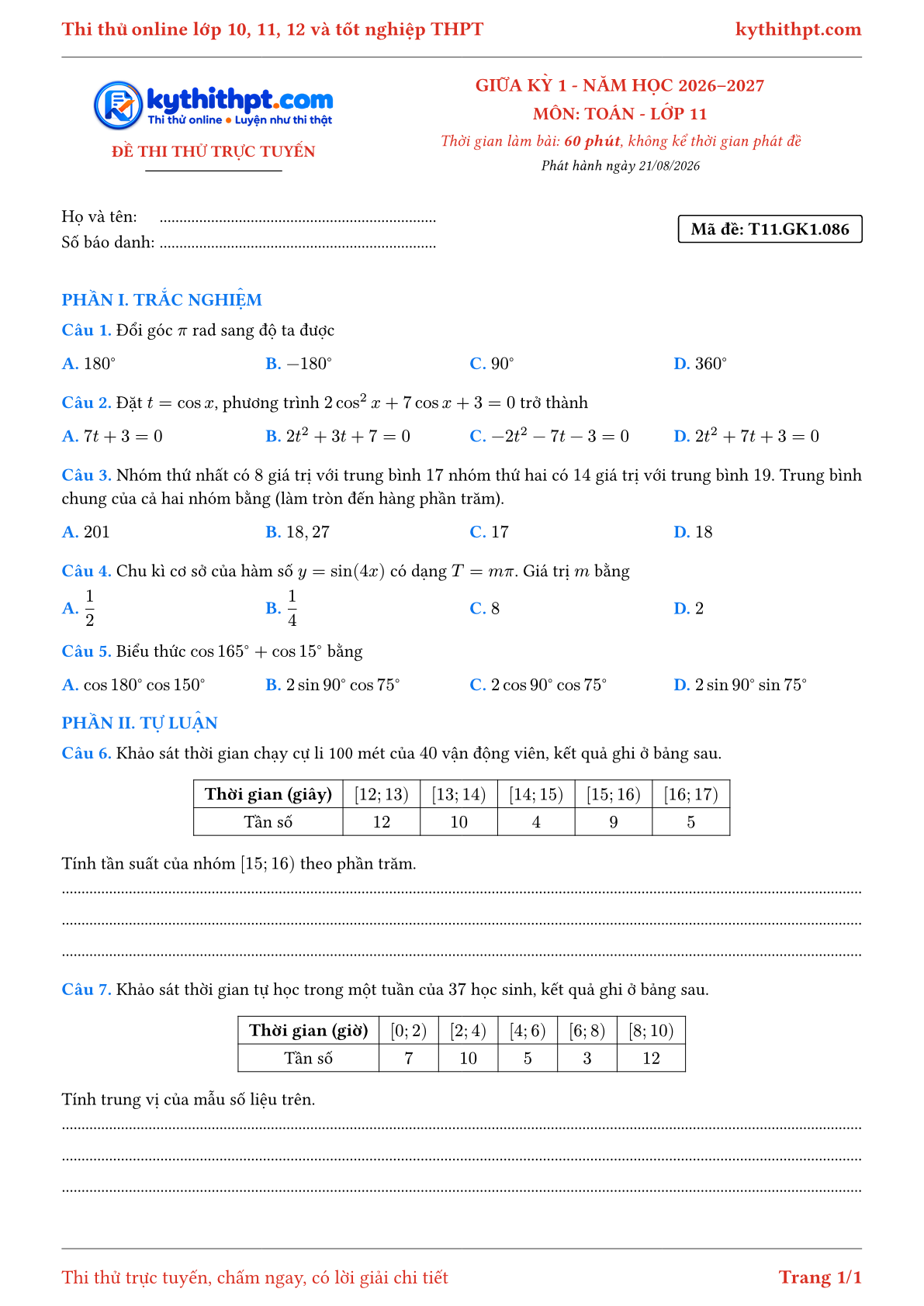 Trang đầu Đề thi thử online giữa kỳ 1 môn Toán lớp 11 - trắc nghiệm + tự luận - đề 088