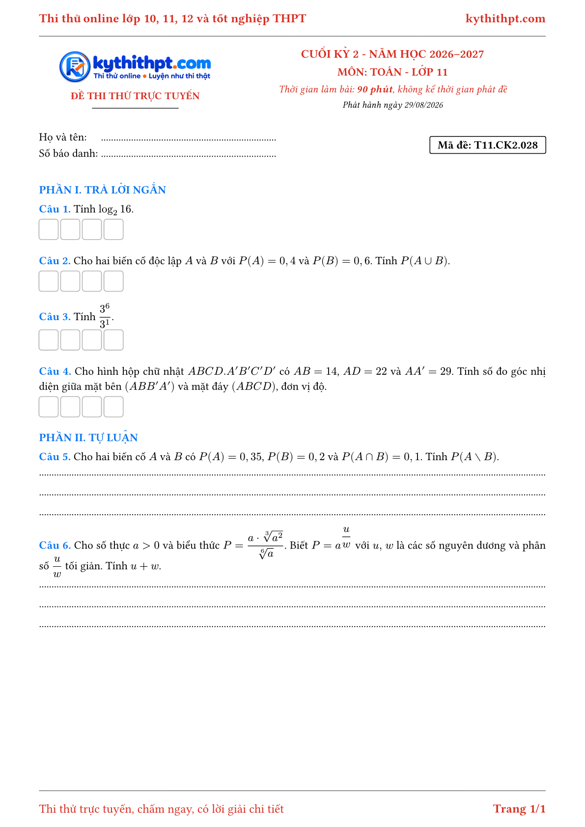 Trang đầu Đề thi thử online cuối kỳ 2 môn Toán lớp 11 - trả lời ngắn + tự luận - đề 028
