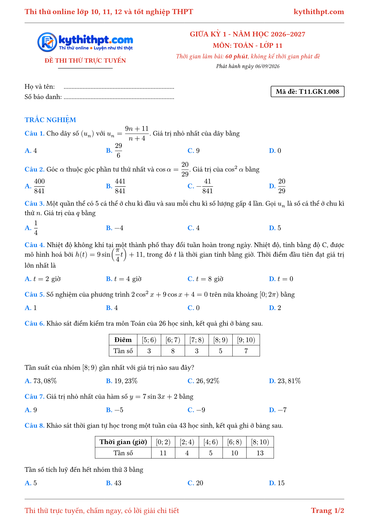 Trang đầu Đề thi thử online giữa kỳ 1 môn Toán lớp 11 - full trắc nghiệm - đề 008