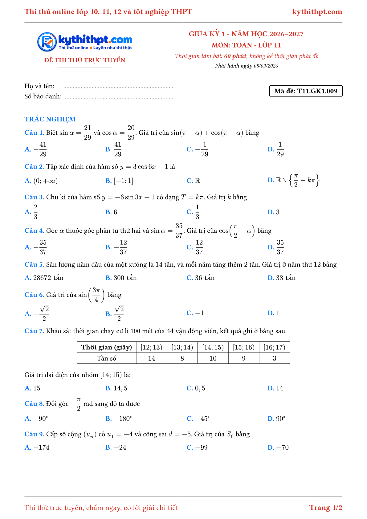 Trang đầu Đề thi thử online giữa kỳ 1 môn Toán lớp 11 - full trắc nghiệm - đề 009