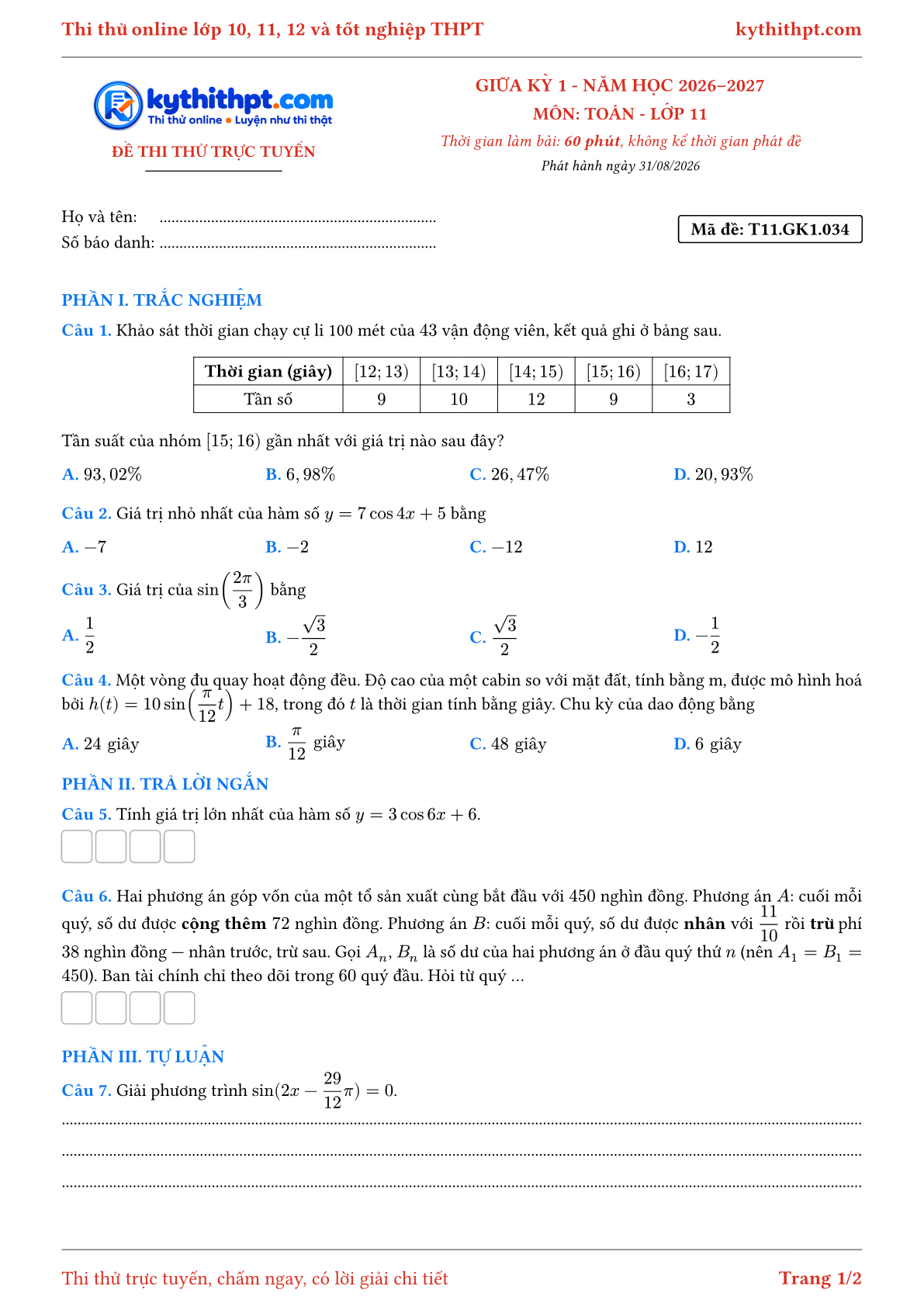 Trang đầu Đề thi thử online giữa kỳ 1 môn Toán lớp 11 - trắc nghiệm + trả lời ngắn + tự luận - đề 034