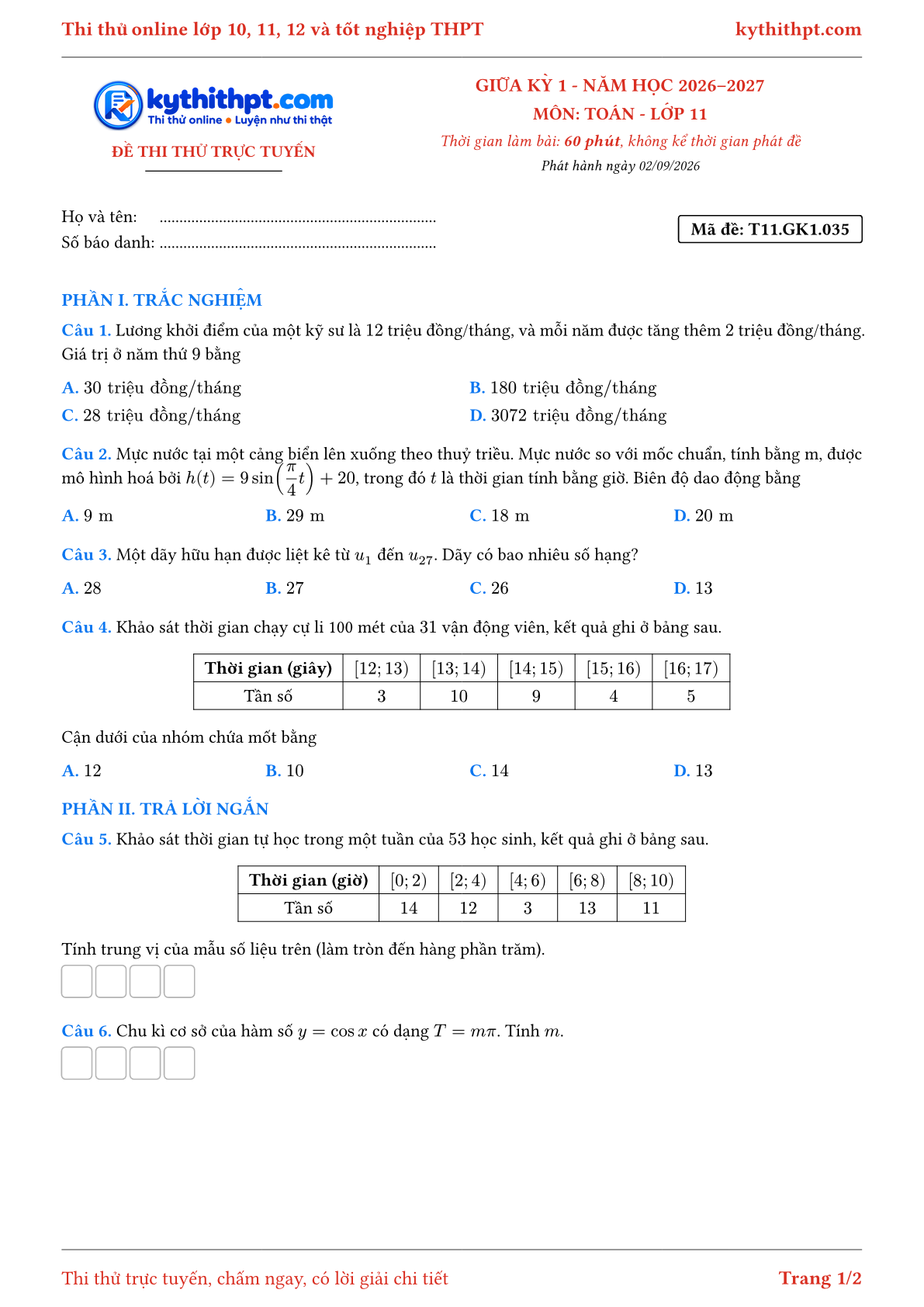 Trang đầu Đề thi thử online giữa kỳ 1 môn Toán lớp 11 - trắc nghiệm + trả lời ngắn + tự luận - đề 035