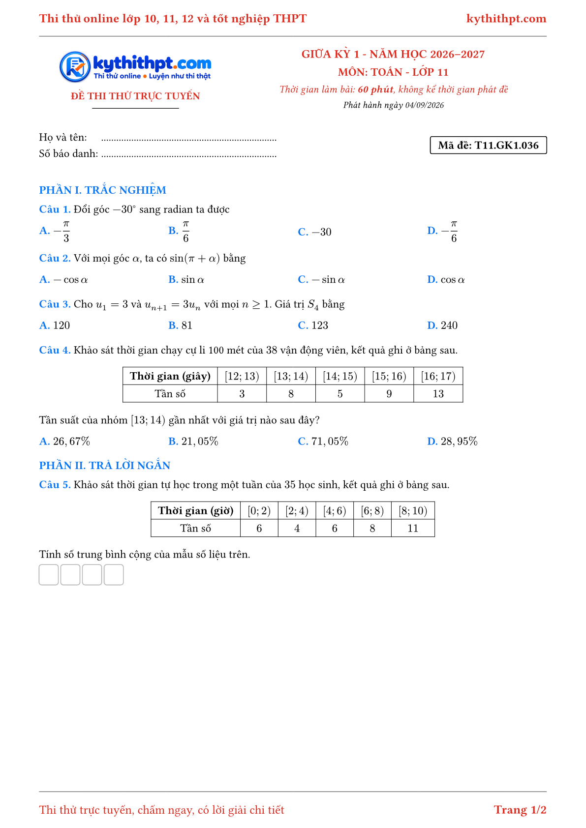 Trang đầu Đề thi thử online giữa kỳ 1 môn Toán lớp 11 - trắc nghiệm + trả lời ngắn + tự luận - đề 036