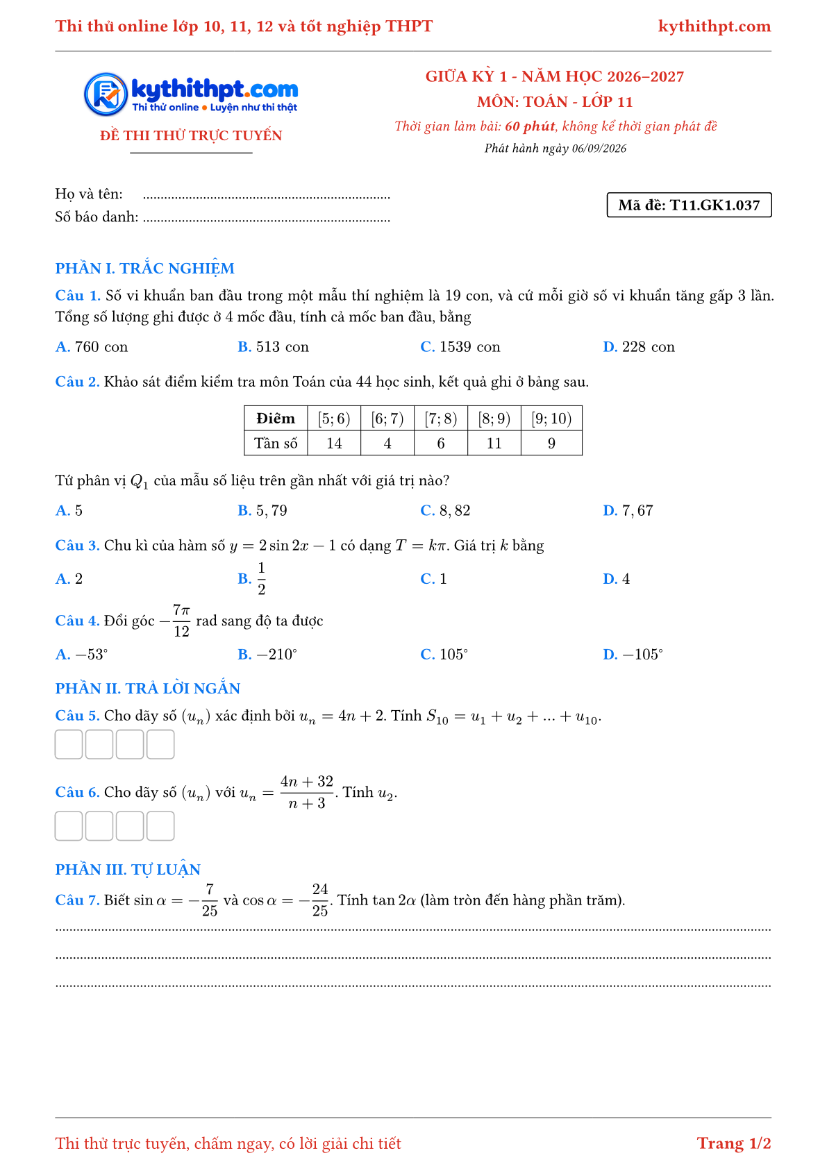 Trang đầu Đề thi thử online giữa kỳ 1 môn Toán lớp 11 - trắc nghiệm + trả lời ngắn + tự luận - đề 037