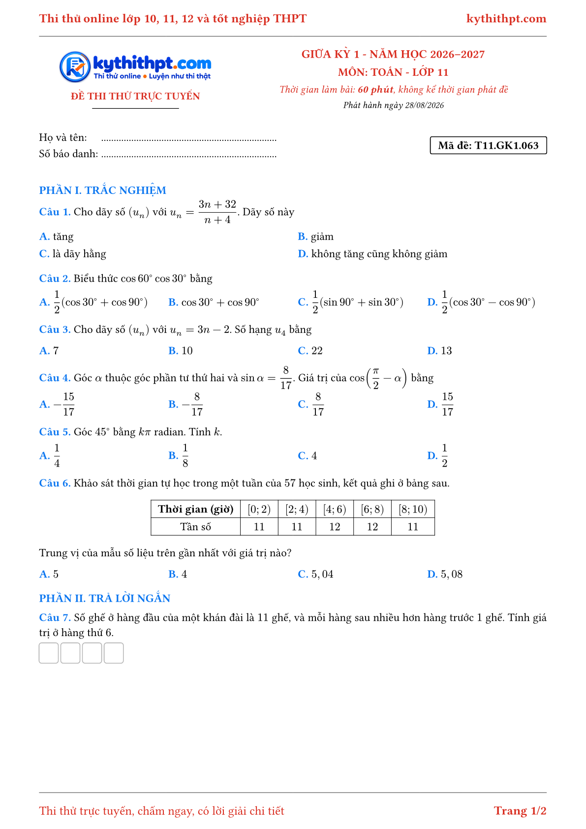 Trang đầu Đề thi thử online giữa kỳ 1 môn Toán lớp 11 - trắc nghiệm + trả lời ngắn - đề 063