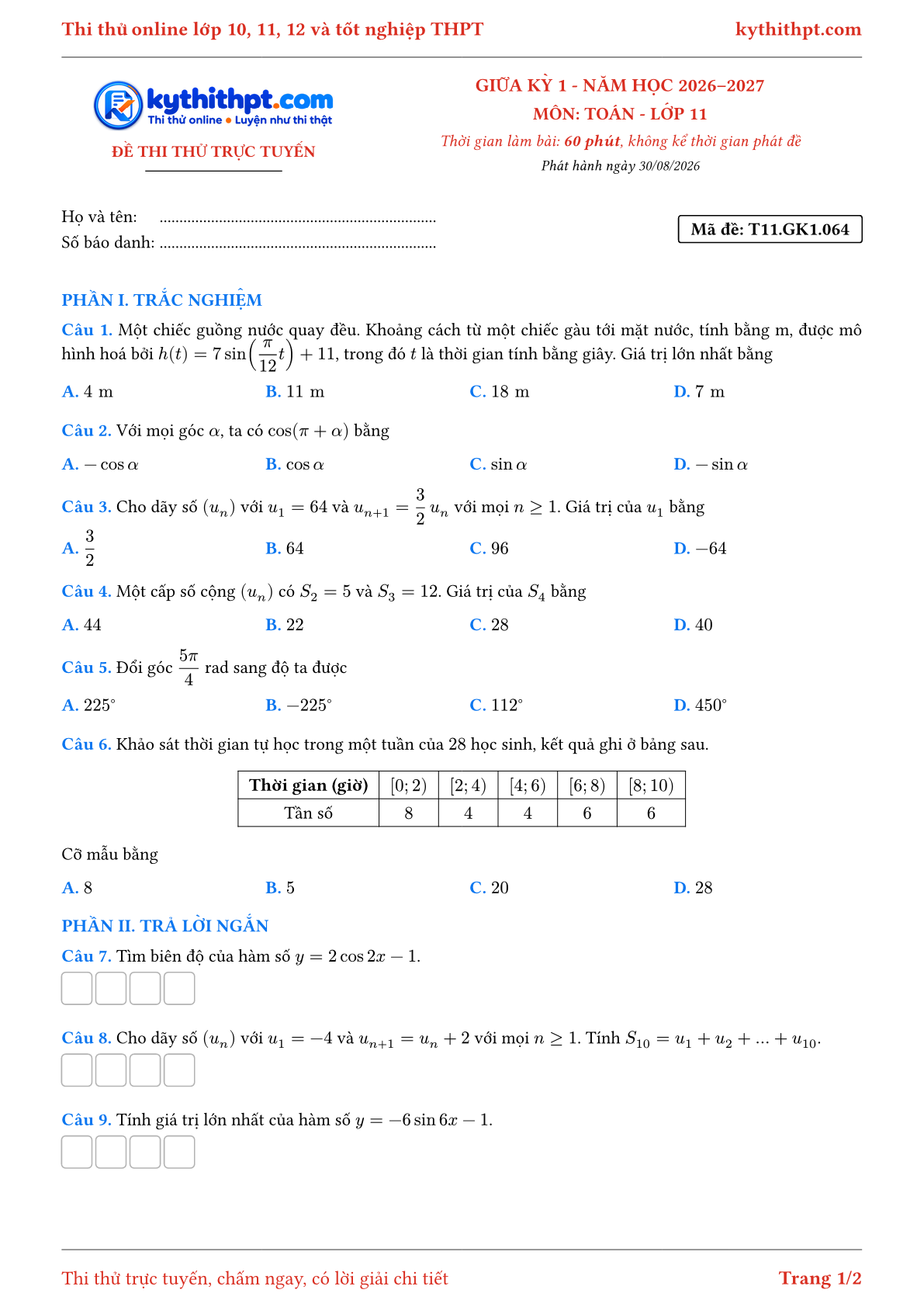 Trang đầu Đề thi thử online giữa kỳ 1 môn Toán lớp 11 - trắc nghiệm + trả lời ngắn - đề 064