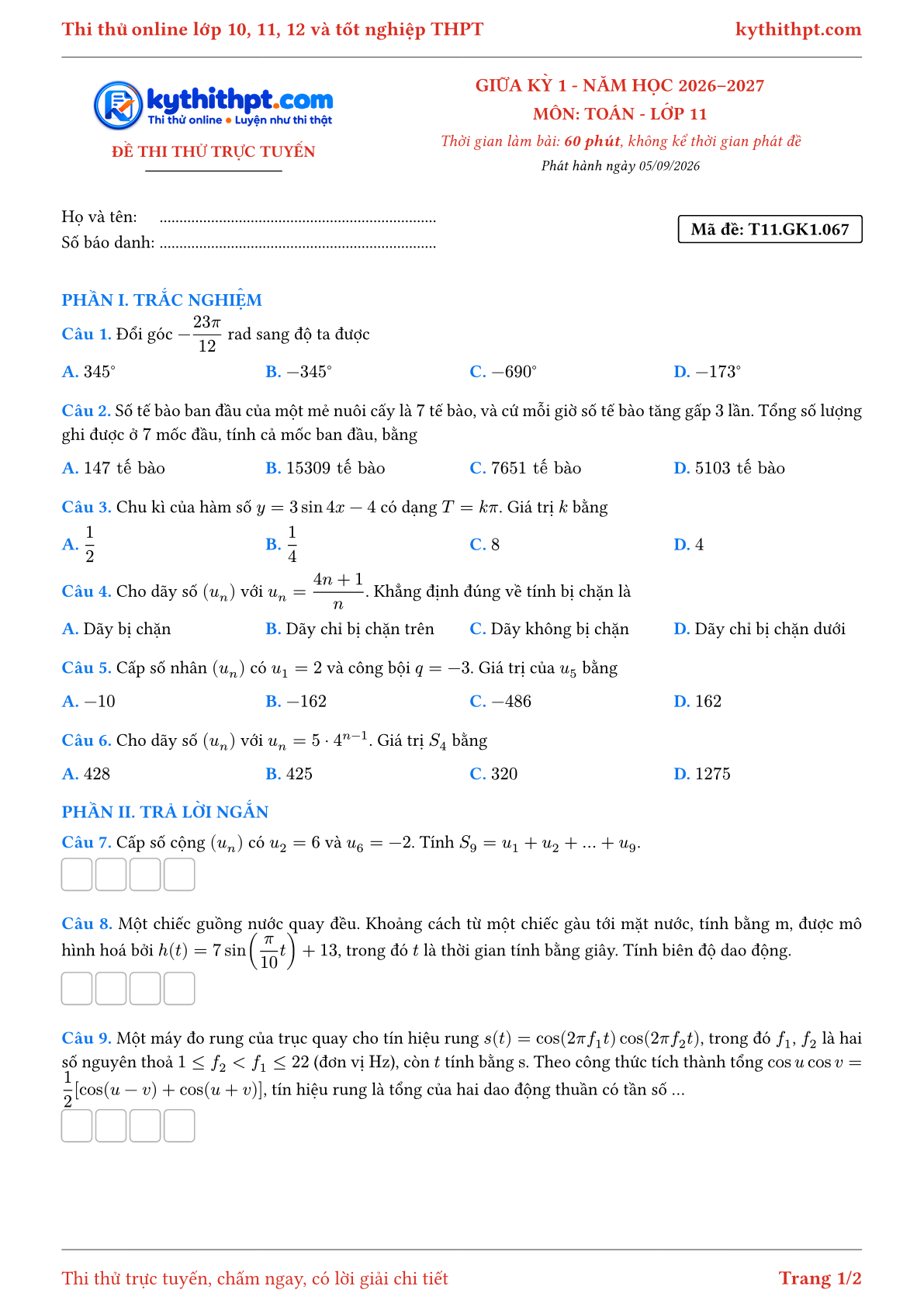 Trang đầu Đề thi thử online giữa kỳ 1 môn Toán lớp 11 - trắc nghiệm + trả lời ngắn - đề 067
