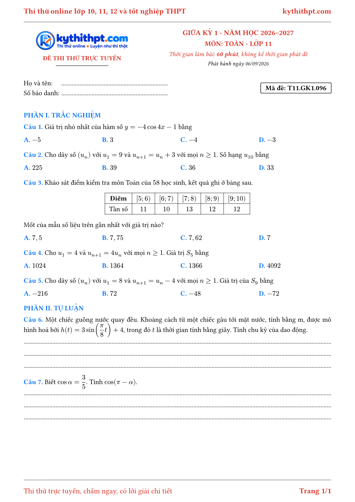 Trang đầu Đề thi thử online giữa kỳ 1 môn Toán lớp 11 - trắc nghiệm + tự luận - đề 096