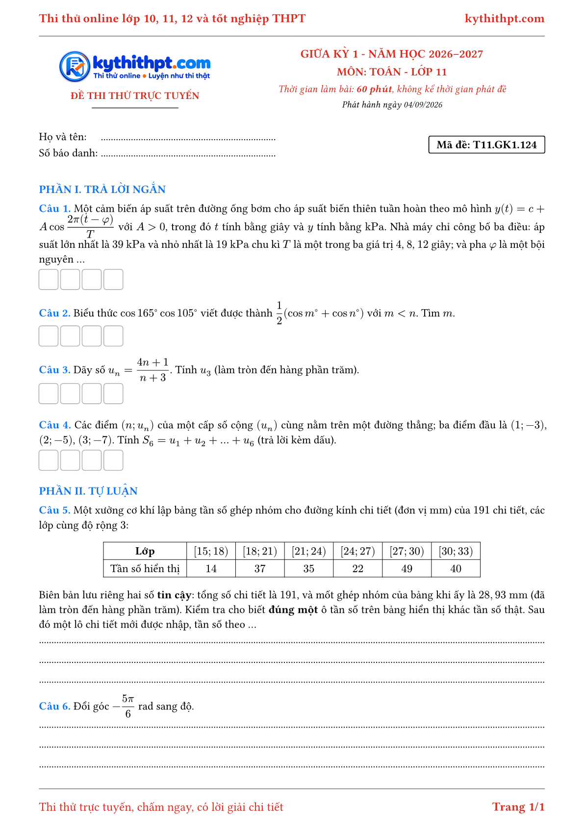 Trang đầu Đề thi thử online giữa kỳ 1 môn Toán lớp 11 - trả lời ngắn + tự luận - đề 124