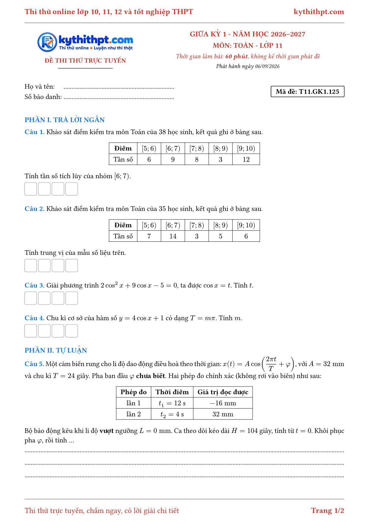 Trang đầu Đề thi thử online giữa kỳ 1 môn Toán lớp 11 - trả lời ngắn + tự luận - đề 125
