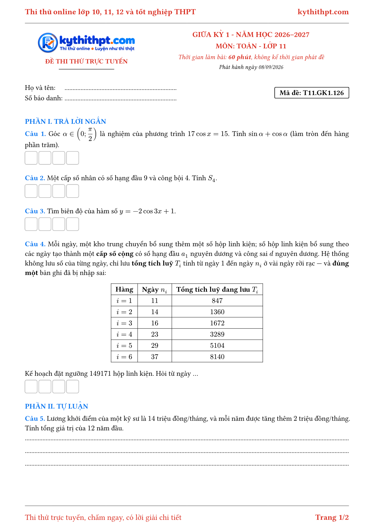 Trang đầu Đề thi thử online giữa kỳ 1 môn Toán lớp 11 - trả lời ngắn + tự luận - đề 126
