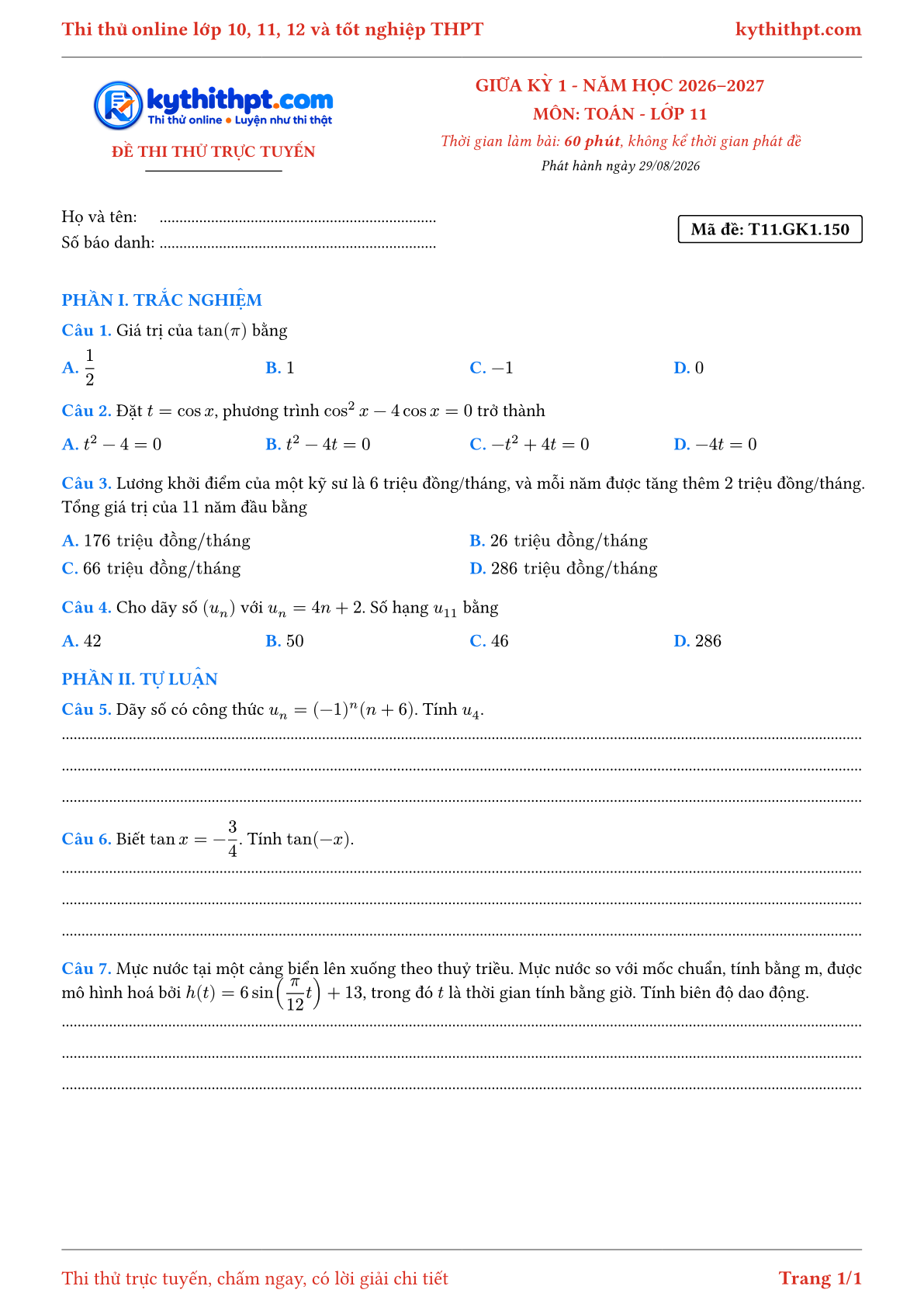 Trang đầu Đề thi thử online giữa kỳ 1 môn Toán lớp 11 - trắc nghiệm + tự luận nâng cao - đề 151
