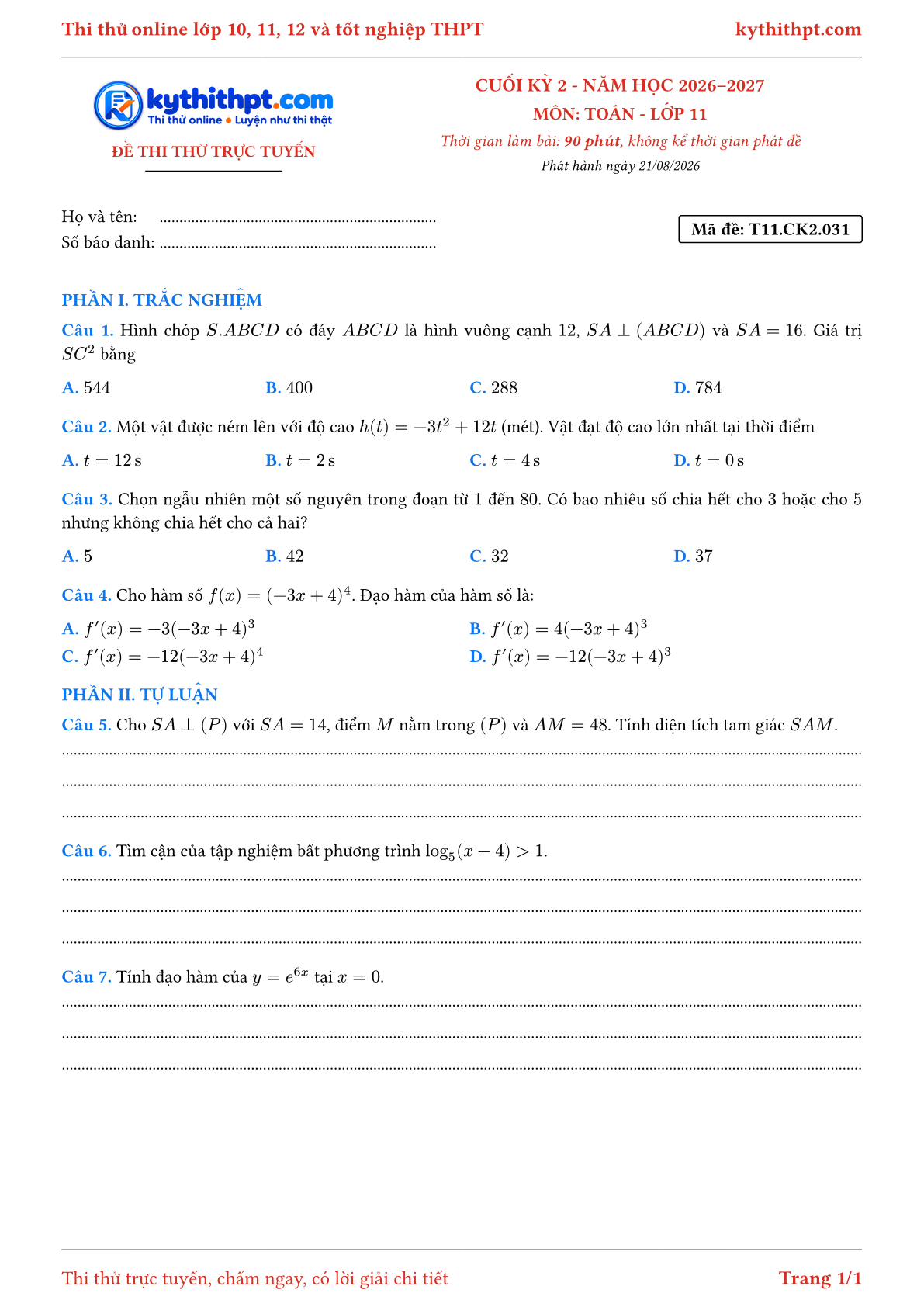 Trang đầu Đề thi thử online cuối kỳ 2 môn Toán lớp 11 - trắc nghiệm + tự luận nâng cao - đề 031