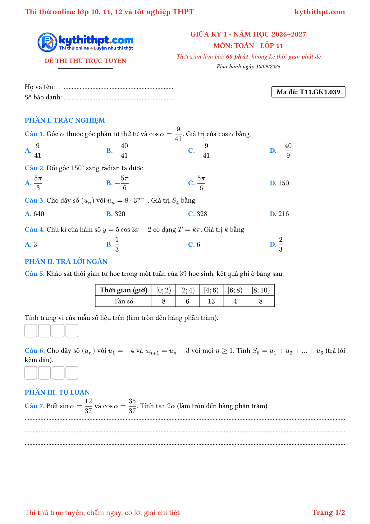 Trang đầu Đề thi thử online giữa kỳ 1 môn Toán lớp 11 - trắc nghiệm + trả lời ngắn + tự luận - đề 039