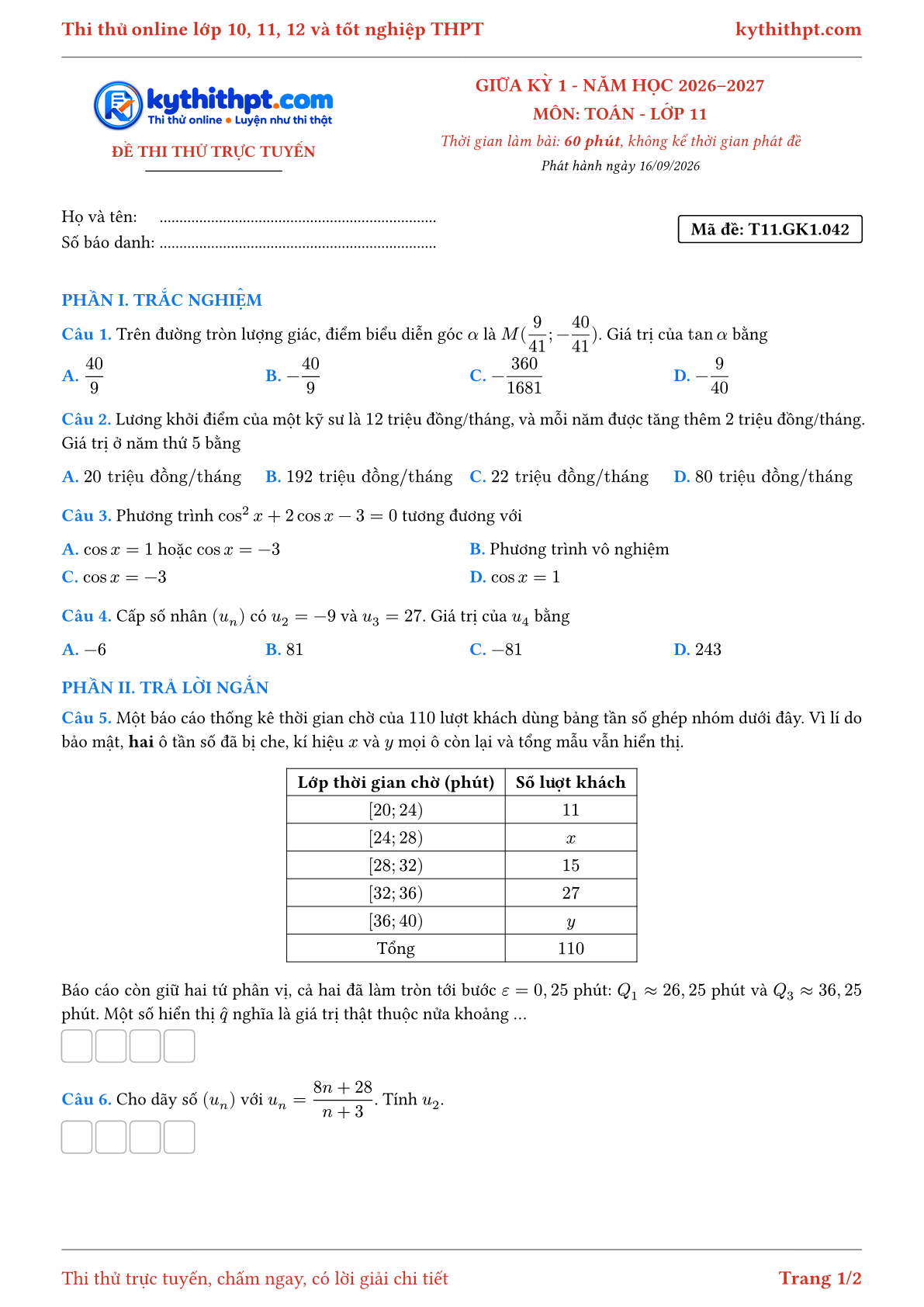 Trang đầu Đề thi thử online giữa kỳ 1 môn Toán lớp 11 - trắc nghiệm + trả lời ngắn + tự luận - đề 042