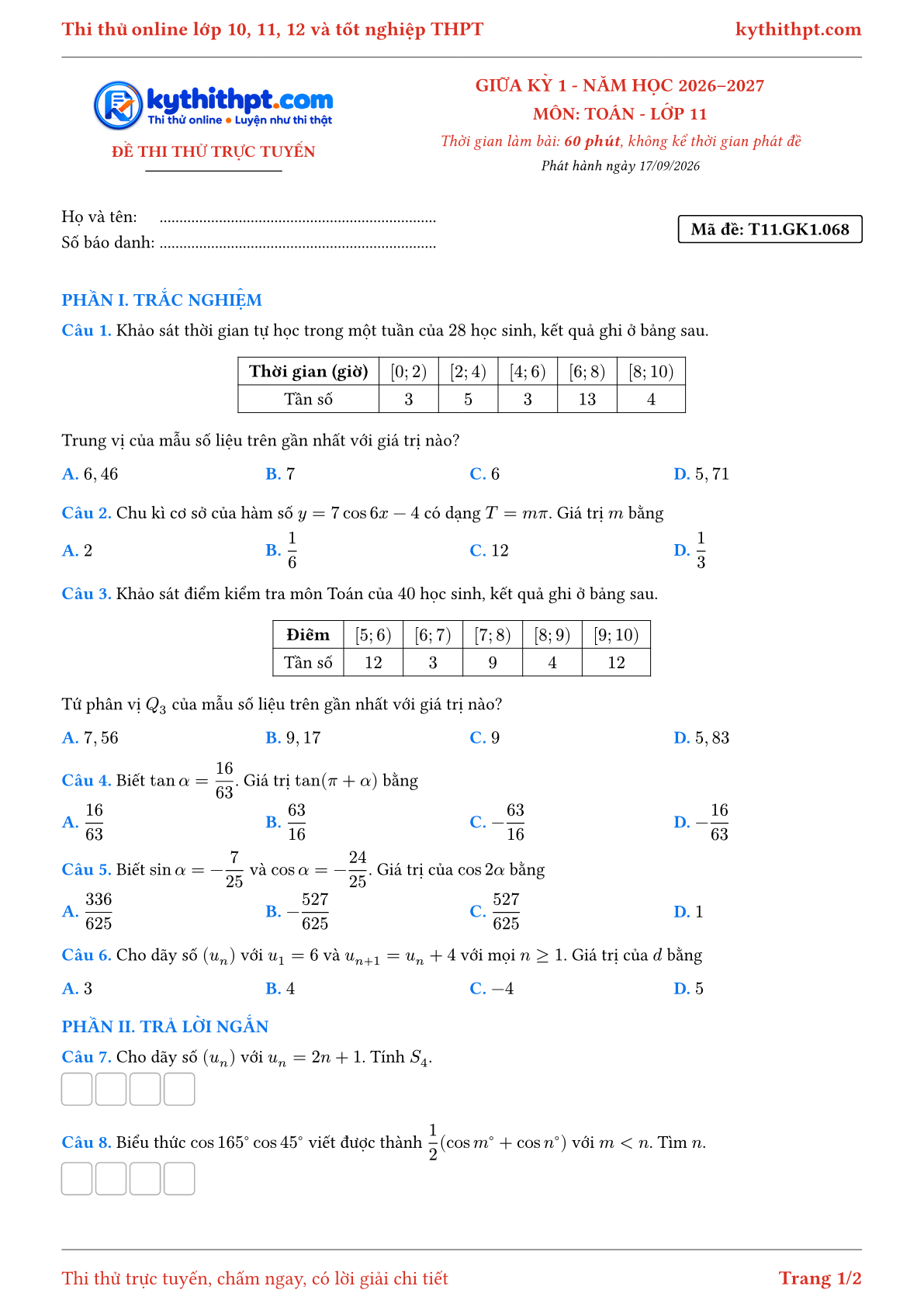 Trang đầu Đề thi thử online giữa kỳ 1 môn Toán lớp 11 - trắc nghiệm + trả lời ngắn - đề 068