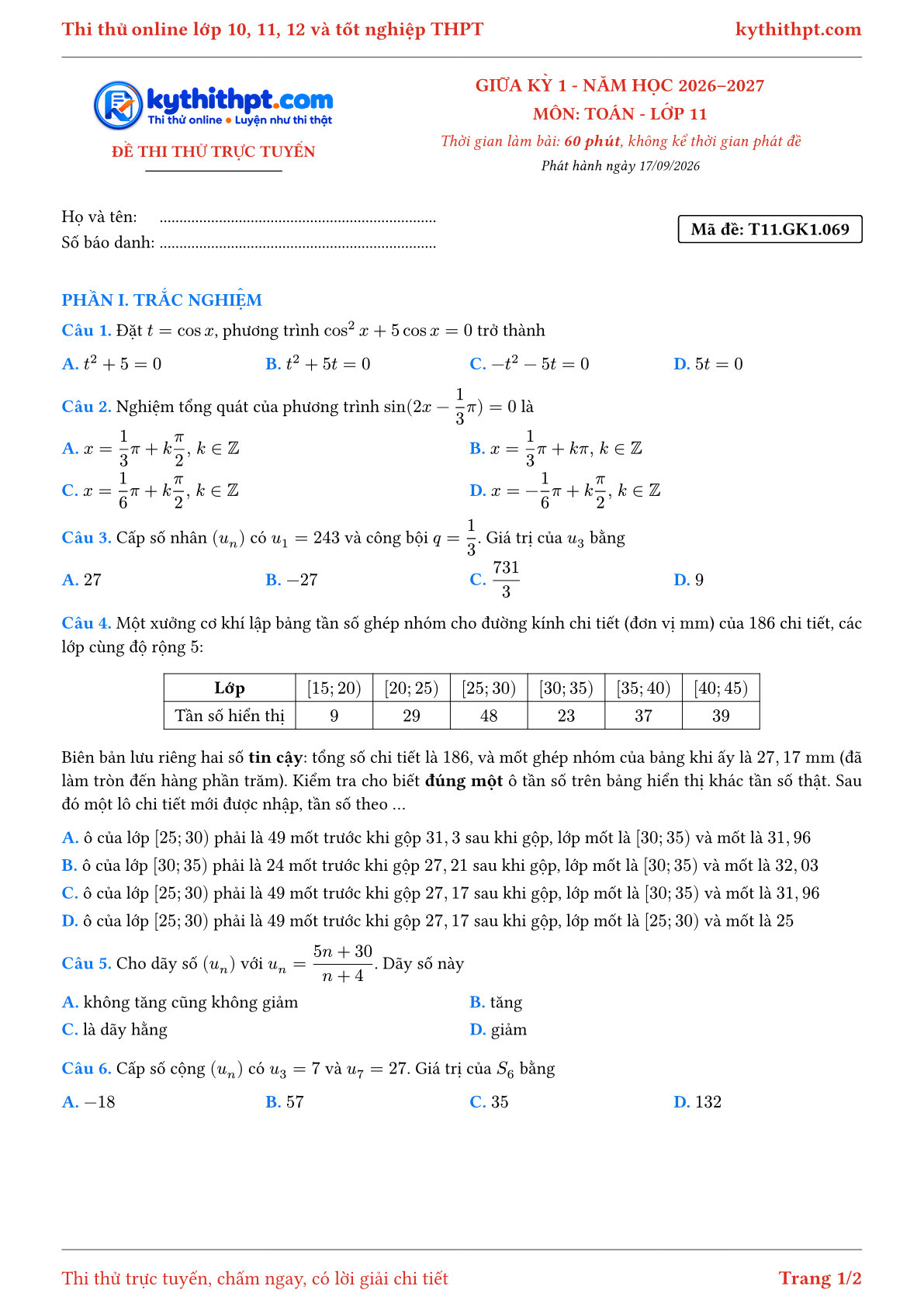 Trang đầu Đề thi thử online giữa kỳ 1 môn Toán lớp 11 - trắc nghiệm + trả lời ngắn - đề 069