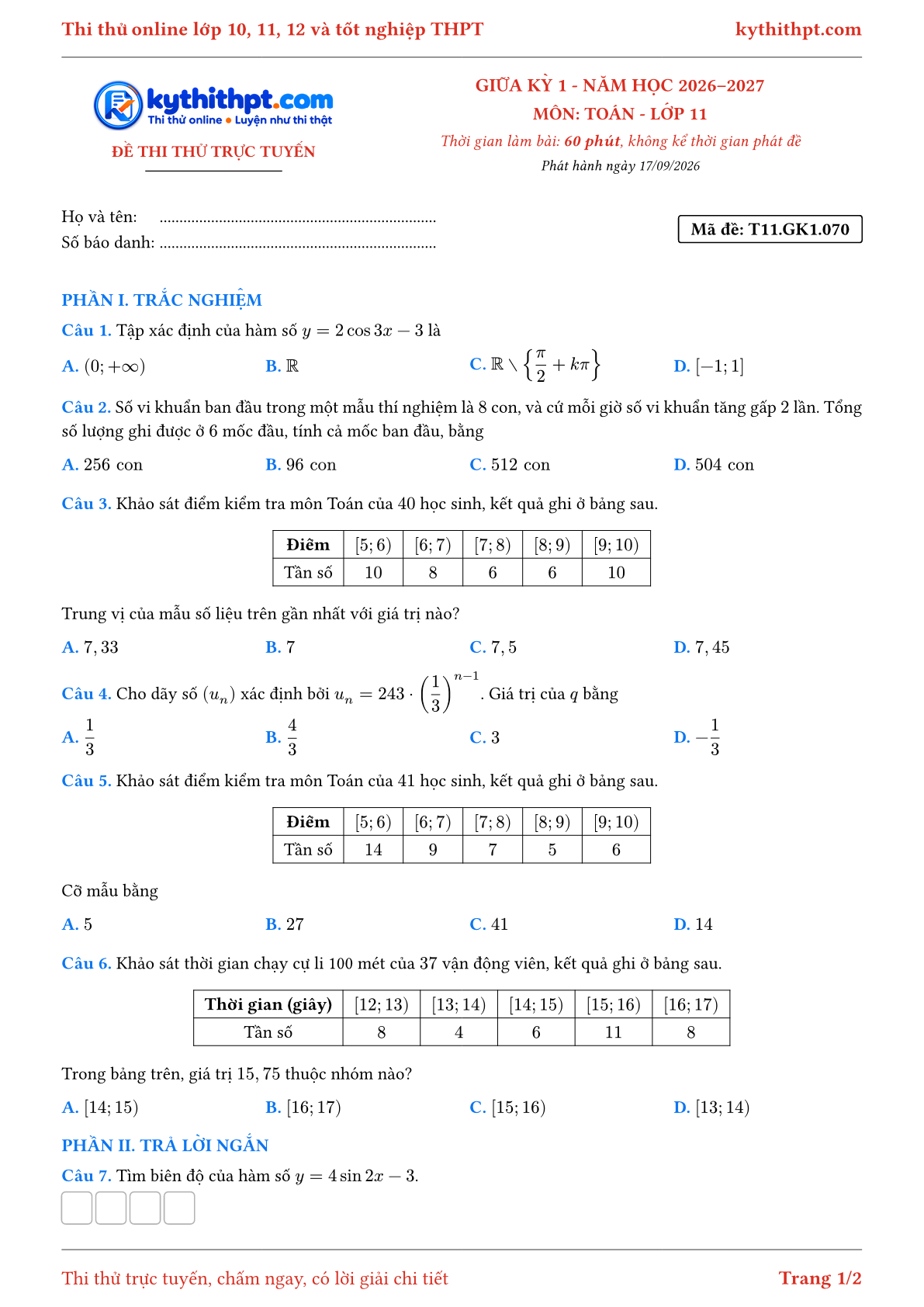 Trang đầu Đề thi thử online giữa kỳ 1 môn Toán lớp 11 - trắc nghiệm + trả lời ngắn - đề 070