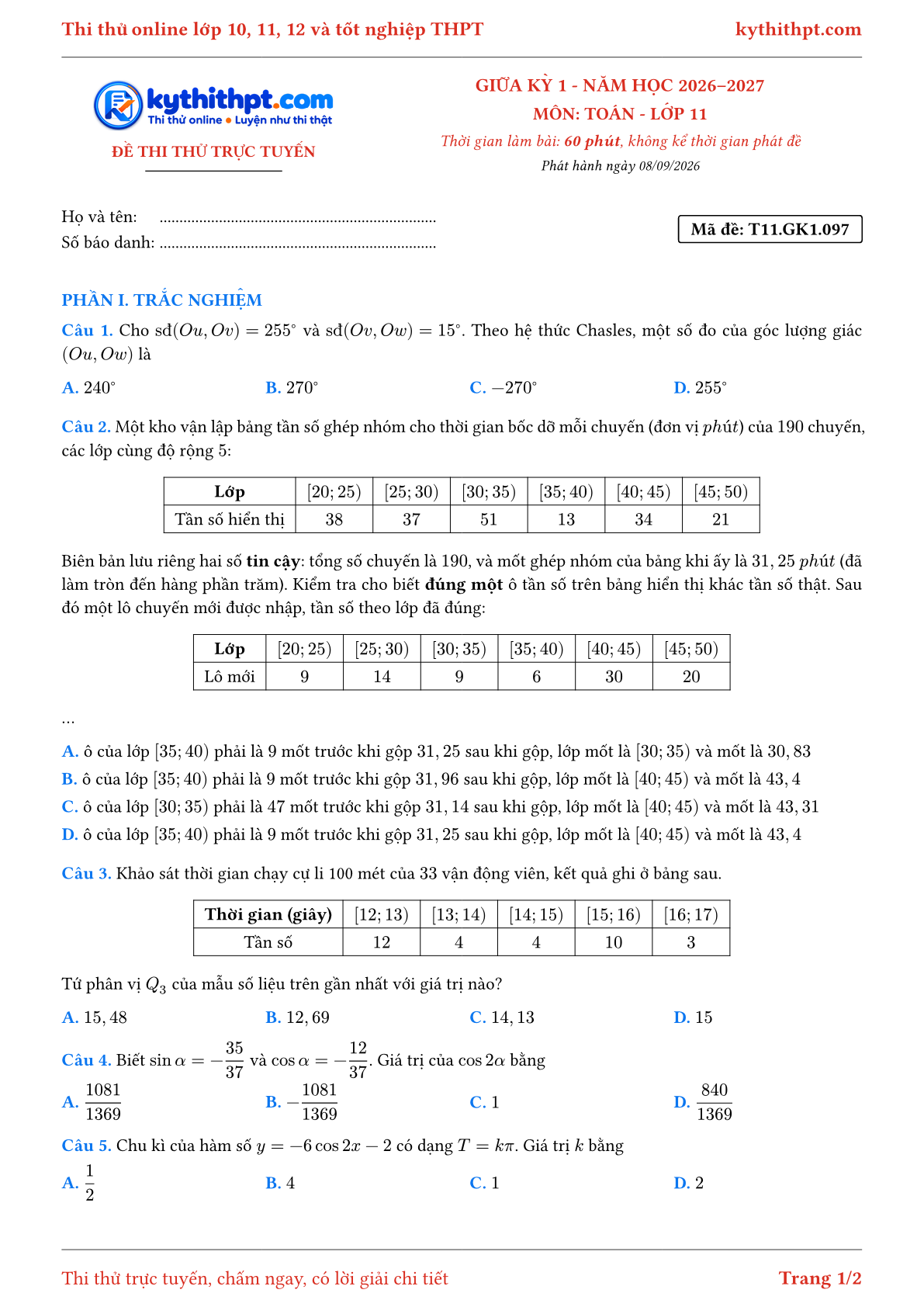 Trang đầu Đề thi thử online giữa kỳ 1 môn Toán lớp 11 - trắc nghiệm + tự luận - đề 097