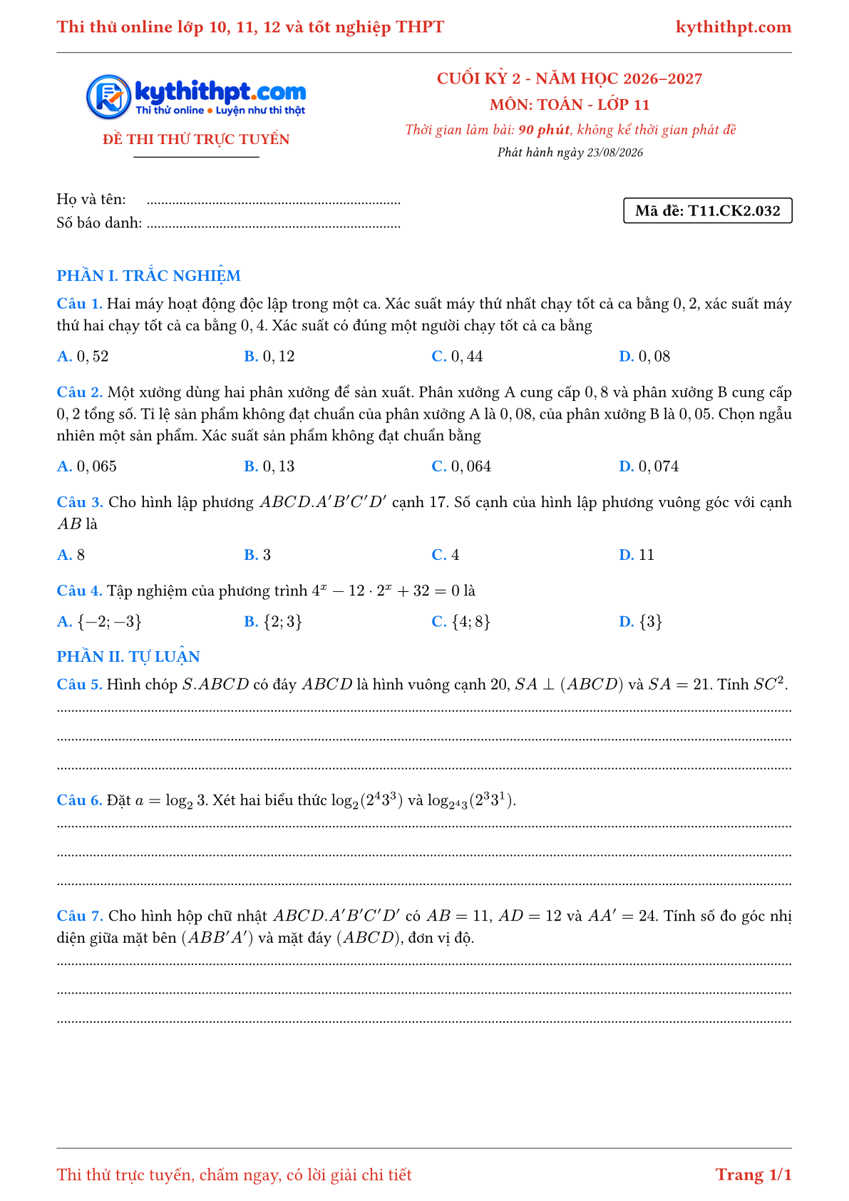 Trang đầu Đề thi thử online cuối kỳ 2 môn Toán lớp 11 - trắc nghiệm + tự luận nâng cao - đề 032