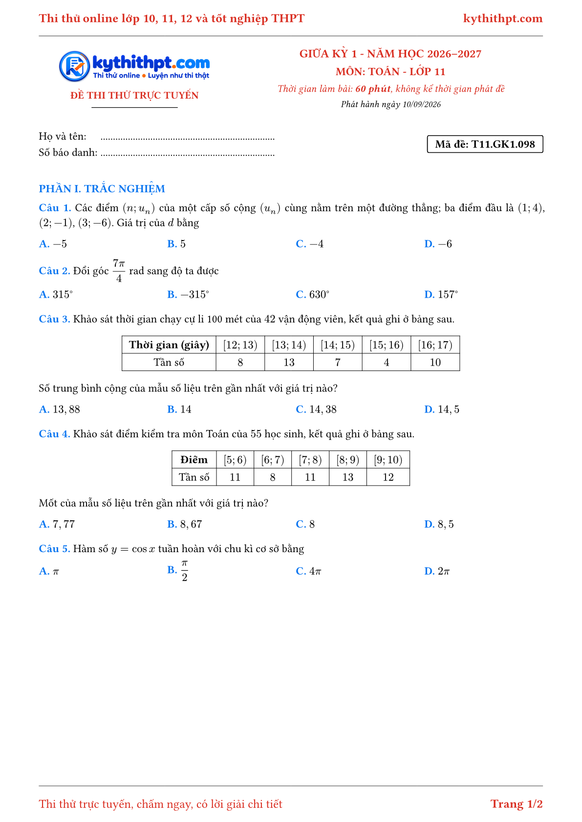 Trang đầu Đề thi thử online giữa kỳ 1 môn Toán lớp 11 - trắc nghiệm + tự luận - đề 098