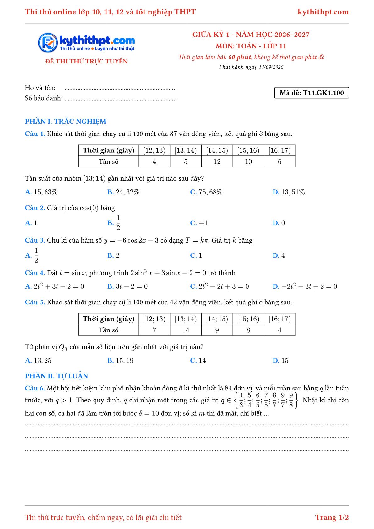 Trang đầu Đề thi thử online giữa kỳ 1 môn Toán lớp 11 - trắc nghiệm + tự luận - đề 100