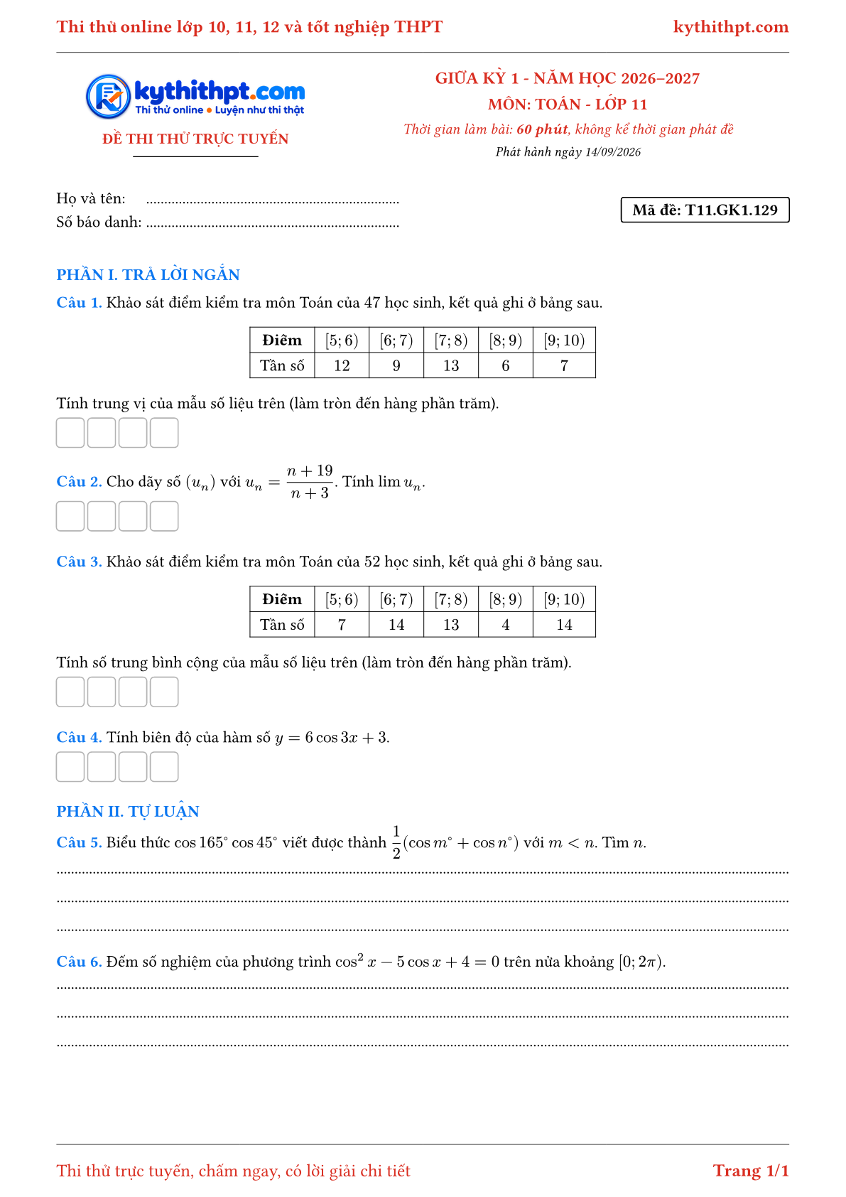 Trang đầu Đề thi thử online giữa kỳ 1 môn Toán lớp 11 - trả lời ngắn + tự luận - đề 129