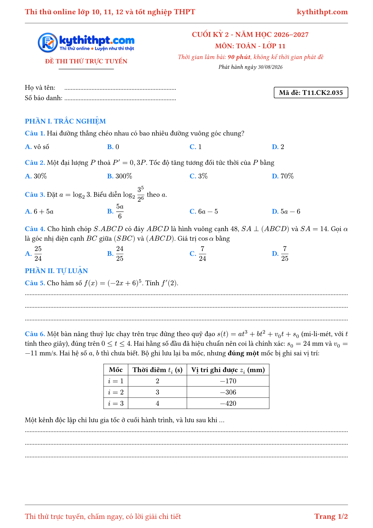 Trang đầu Đề thi thử online cuối kỳ 2 môn Toán lớp 11 - trắc nghiệm + tự luận nâng cao - đề 035