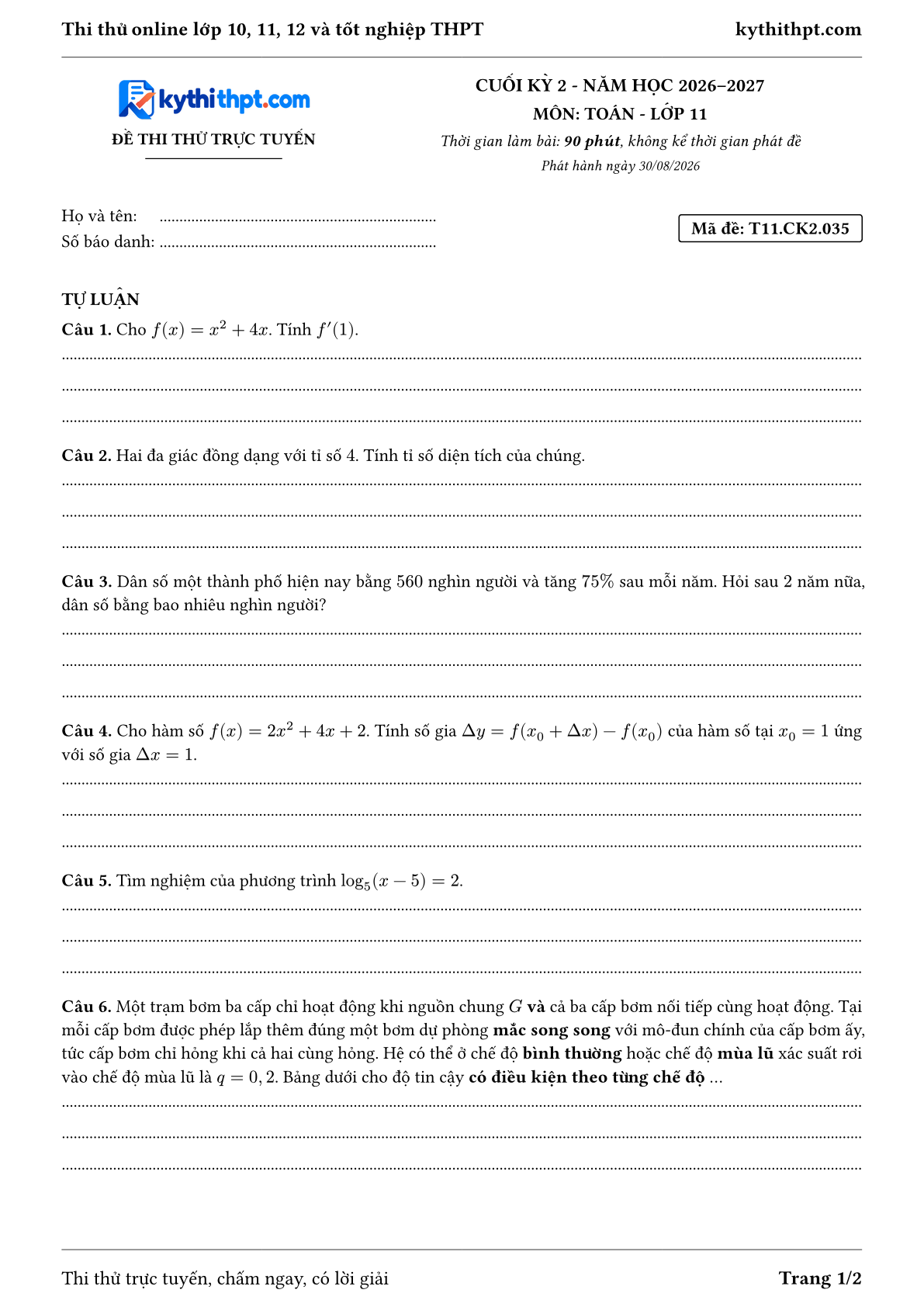 Trang đầu Đề thi thử online cuối kỳ 2 môn Toán lớp 11 - full tự luận - đề 035
