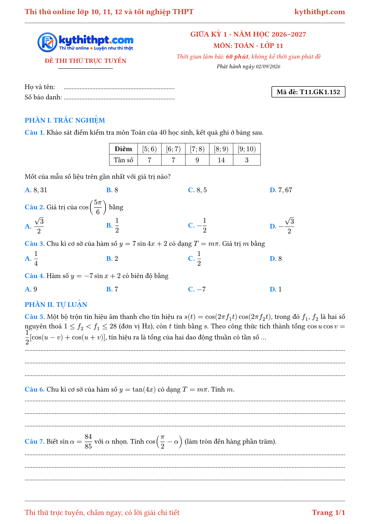 Trang đầu Đề thi thử online giữa kỳ 1 môn Toán lớp 11 - trắc nghiệm + tự luận nâng cao - đề 153