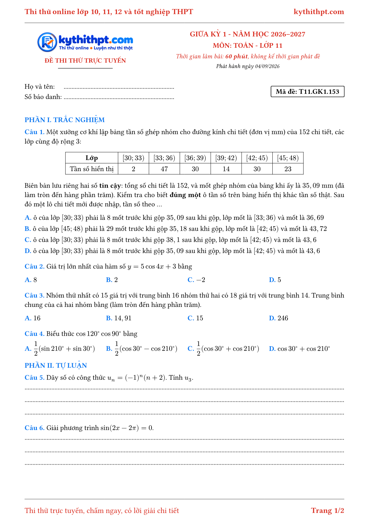 Trang đầu Đề thi thử online giữa kỳ 1 môn Toán lớp 11 - trắc nghiệm + tự luận nâng cao - đề 154