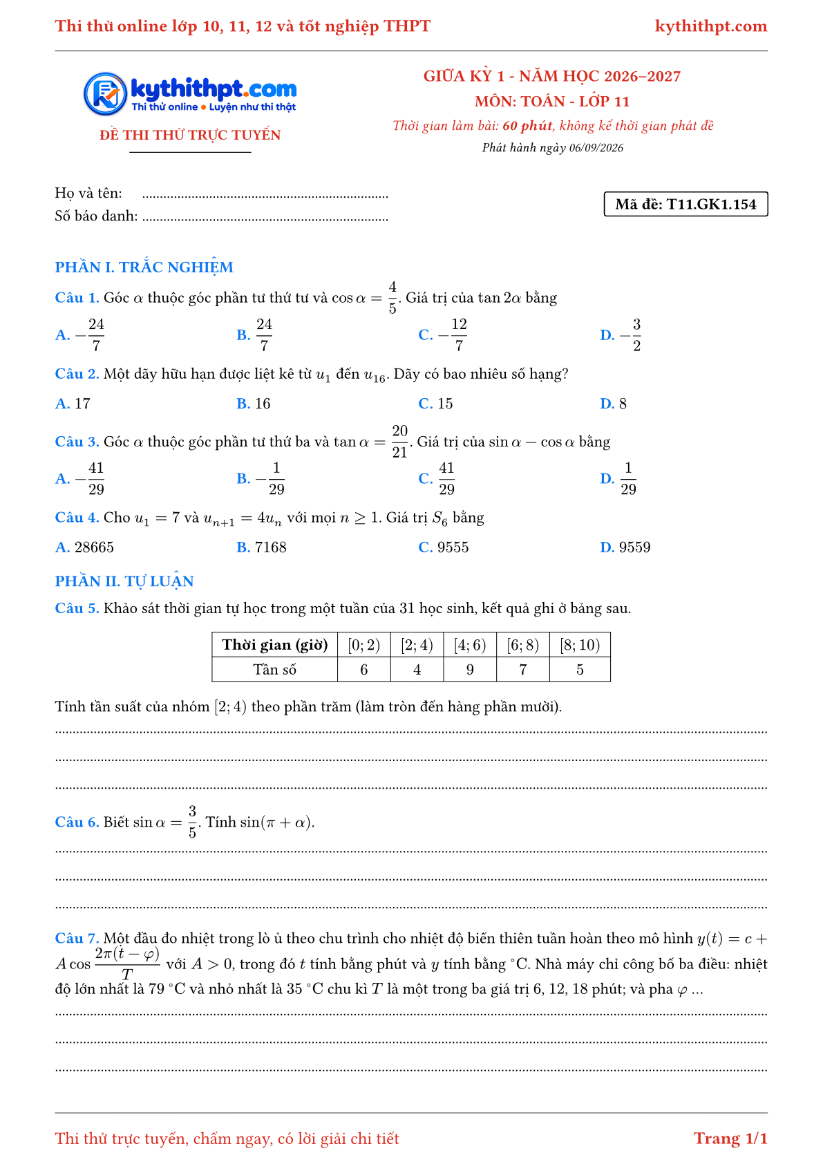 Trang đầu Đề thi thử online giữa kỳ 1 môn Toán lớp 11 - trắc nghiệm + tự luận nâng cao - đề 155