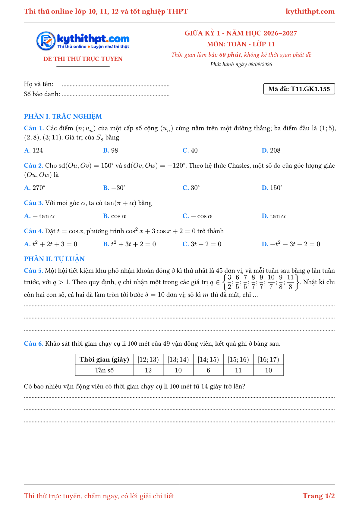 Trang đầu Đề thi thử online giữa kỳ 1 môn Toán lớp 11 - trắc nghiệm + tự luận nâng cao - đề 156