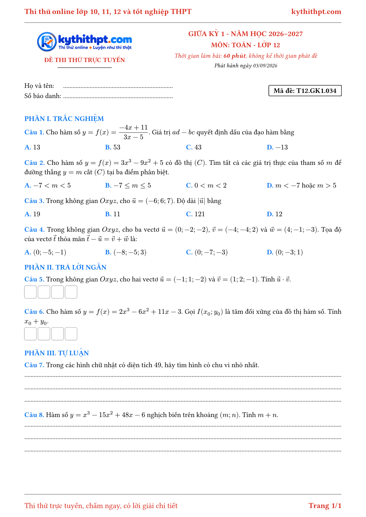 Trang đầu Đề thi thử online giữa kỳ 1 môn Toán lớp 12 - trắc nghiệm + trả lời ngắn + tự luận - đề 034