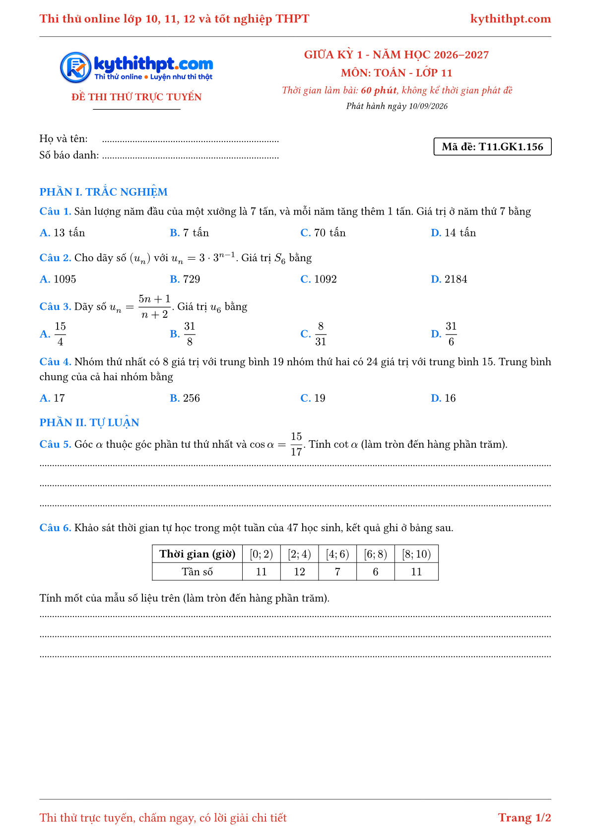 Trang đầu Đề thi thử online giữa kỳ 1 môn Toán lớp 11 - trắc nghiệm + tự luận nâng cao - đề 157