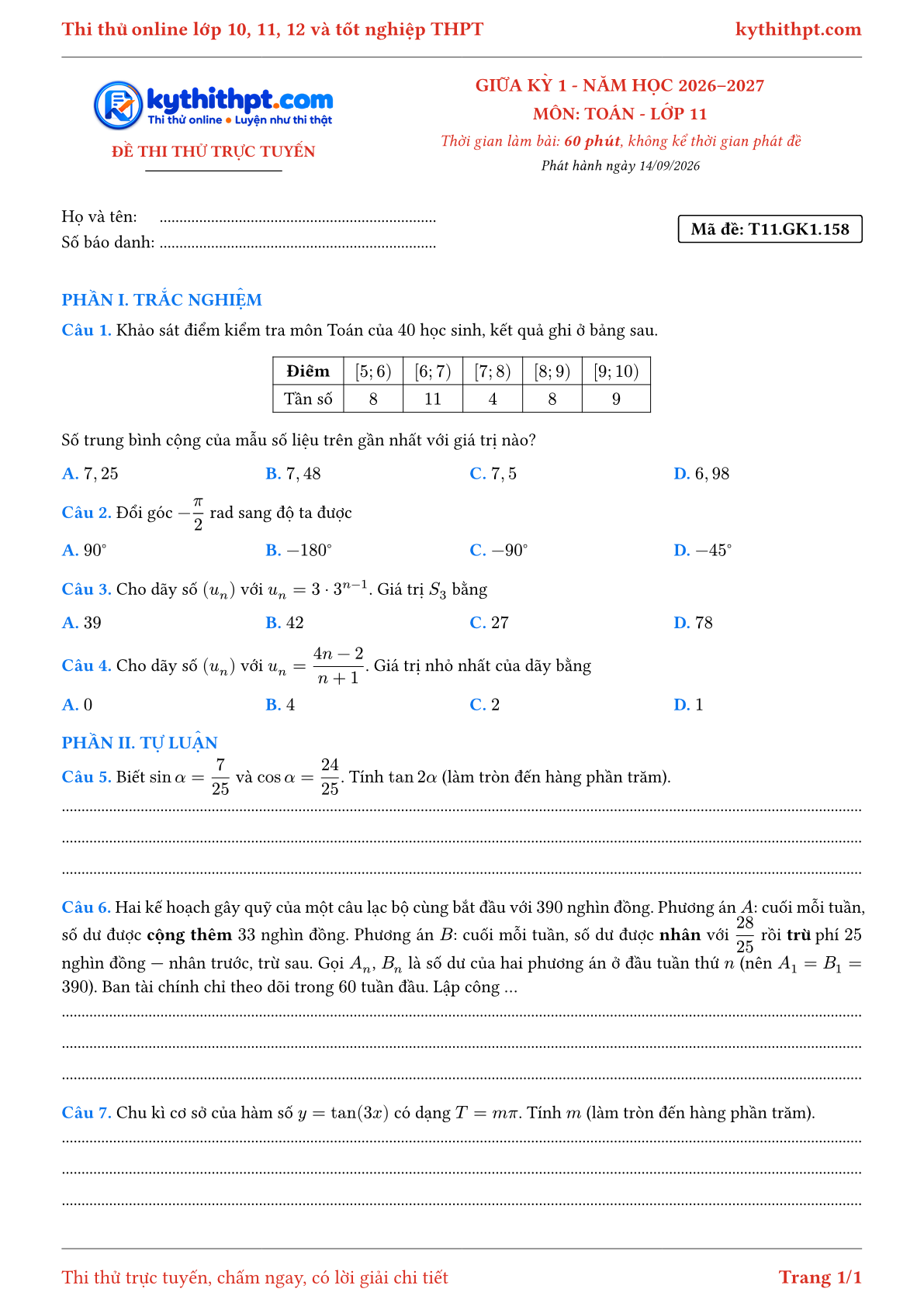 Trang đầu Đề thi thử online giữa kỳ 1 môn Toán lớp 11 - trắc nghiệm + tự luận nâng cao - đề 159
