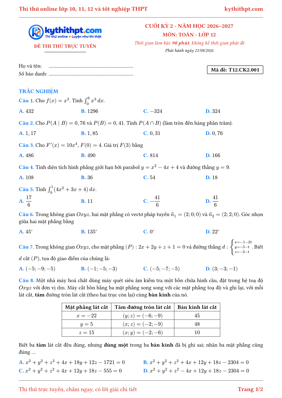 Trang đầu Đề thi thử online cuối kỳ 2 môn Toán lớp 12 - full trắc nghiệm - đề 001