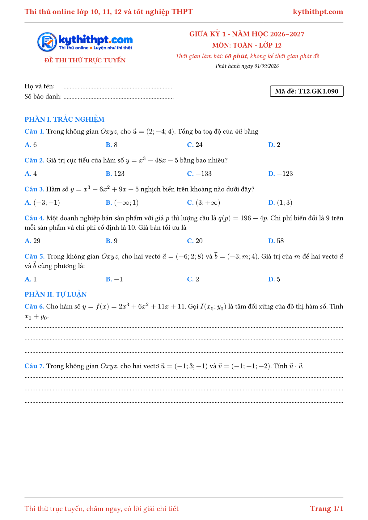 Trang đầu Đề thi thử online giữa kỳ 1 môn Toán lớp 12 - trắc nghiệm + tự luận - đề 090