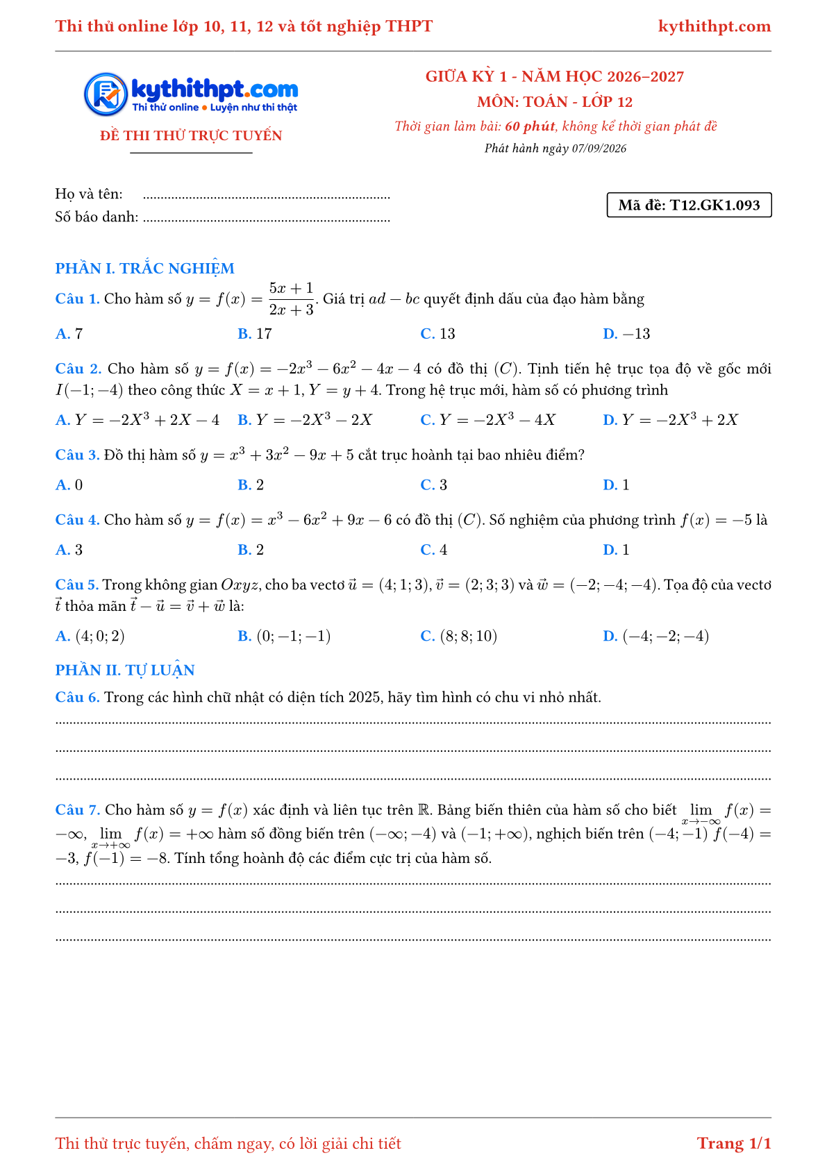 Trang đầu Đề thi thử online giữa kỳ 1 môn Toán lớp 12 - trắc nghiệm + tự luận - đề 093