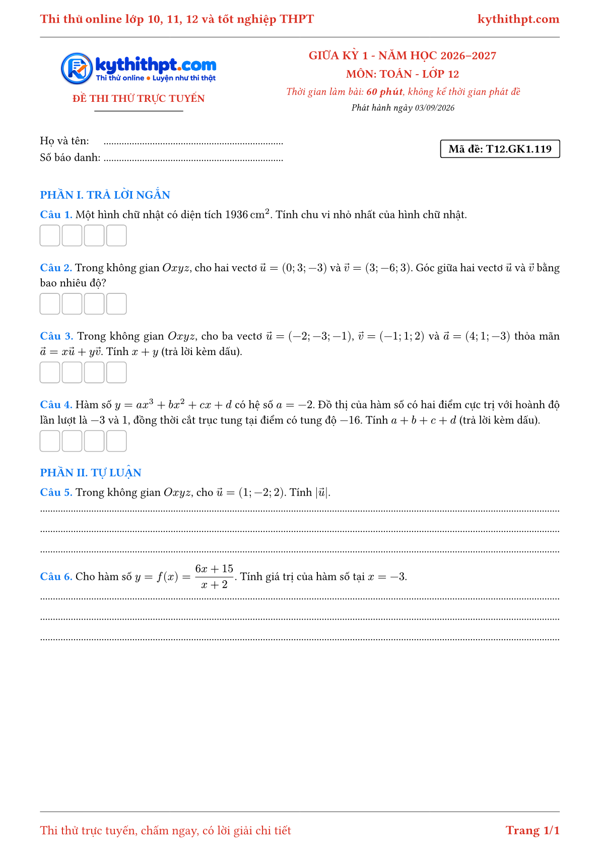 Trang đầu Đề thi thử online giữa kỳ 1 môn Toán lớp 12 - trả lời ngắn + tự luận - đề 119