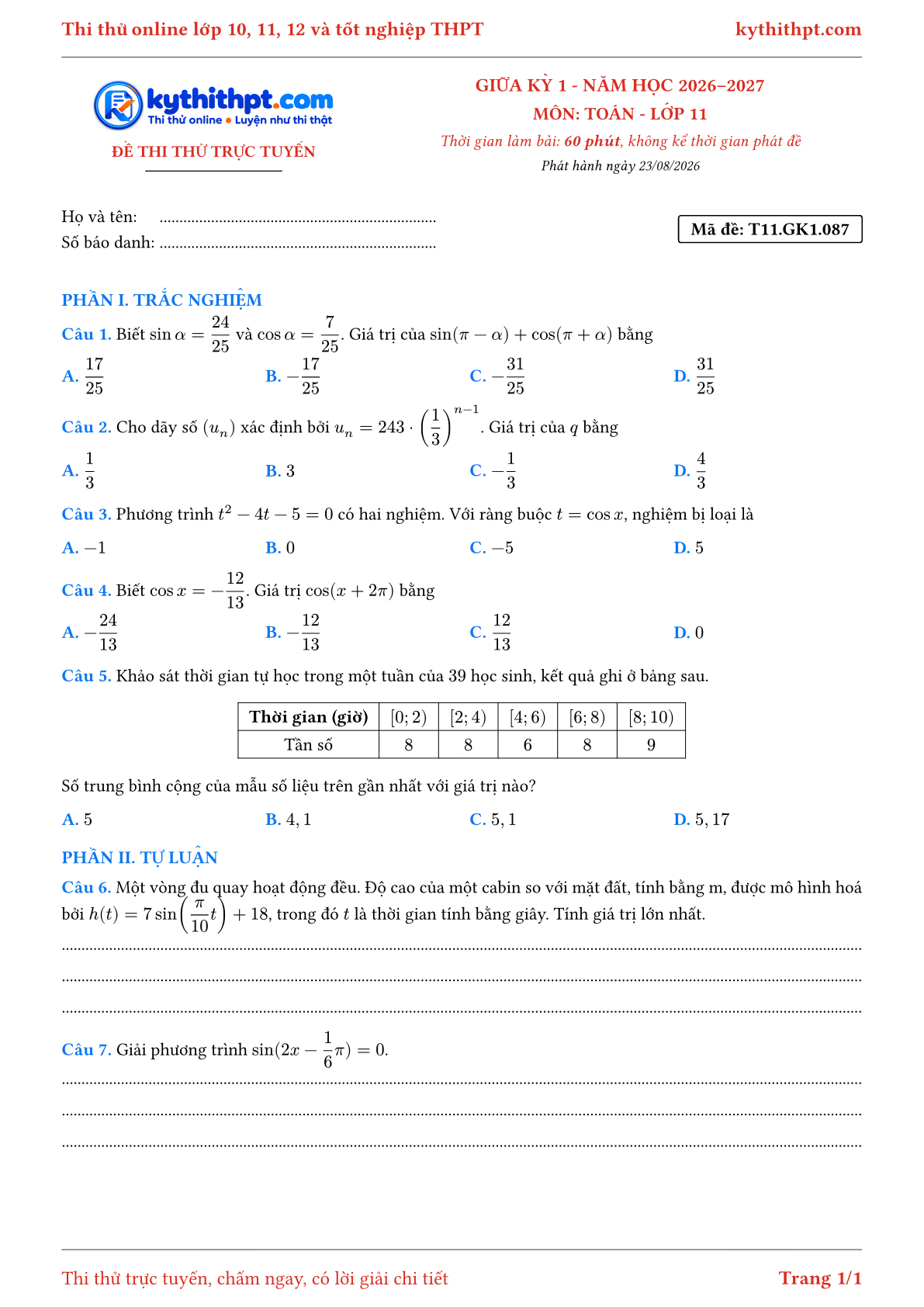 Trang đầu Đề thi thử online giữa kỳ 1 môn Toán lớp 11 - trắc nghiệm + tự luận - đề 089