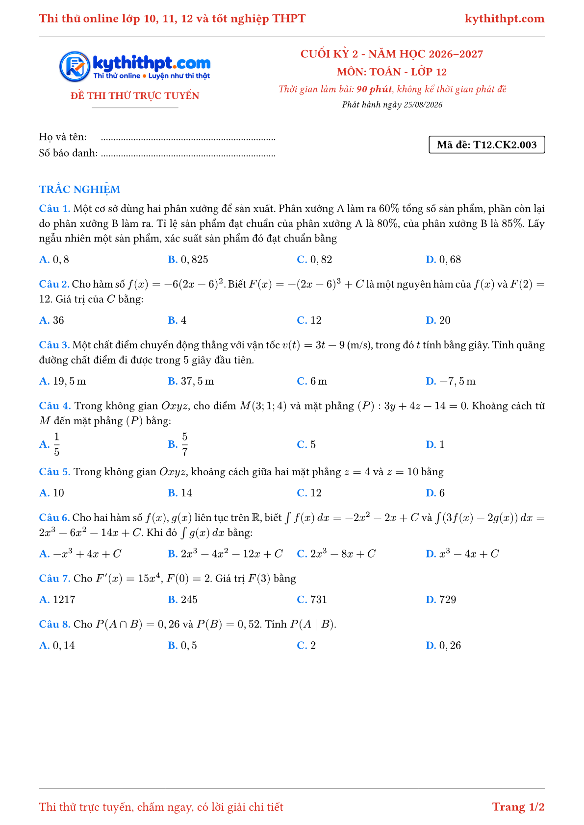 Trang đầu Đề thi thử online cuối kỳ 2 môn Toán lớp 12 - full trắc nghiệm - đề 003
